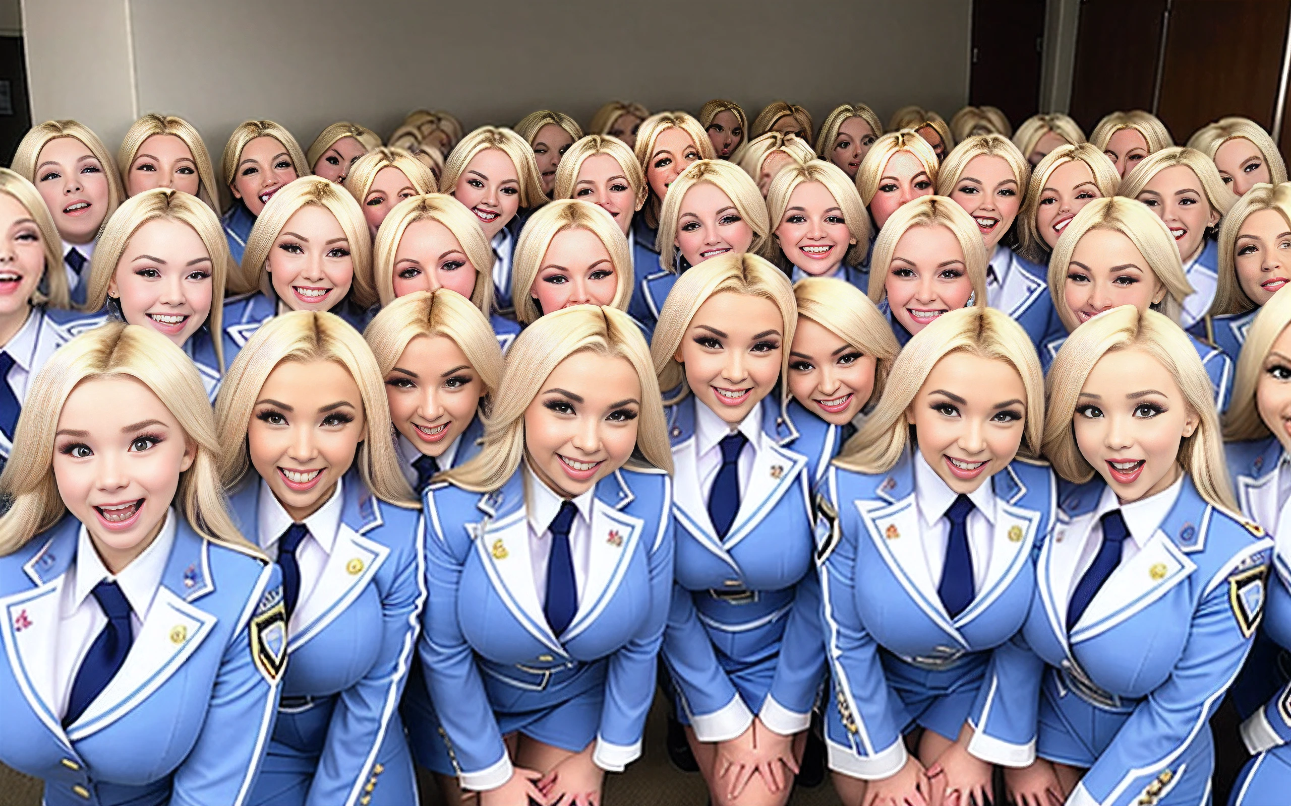 a close-up of a gathering of smiling busty Jessica Weaver clones with Dove Cameron's eyes wearing identical uniforms