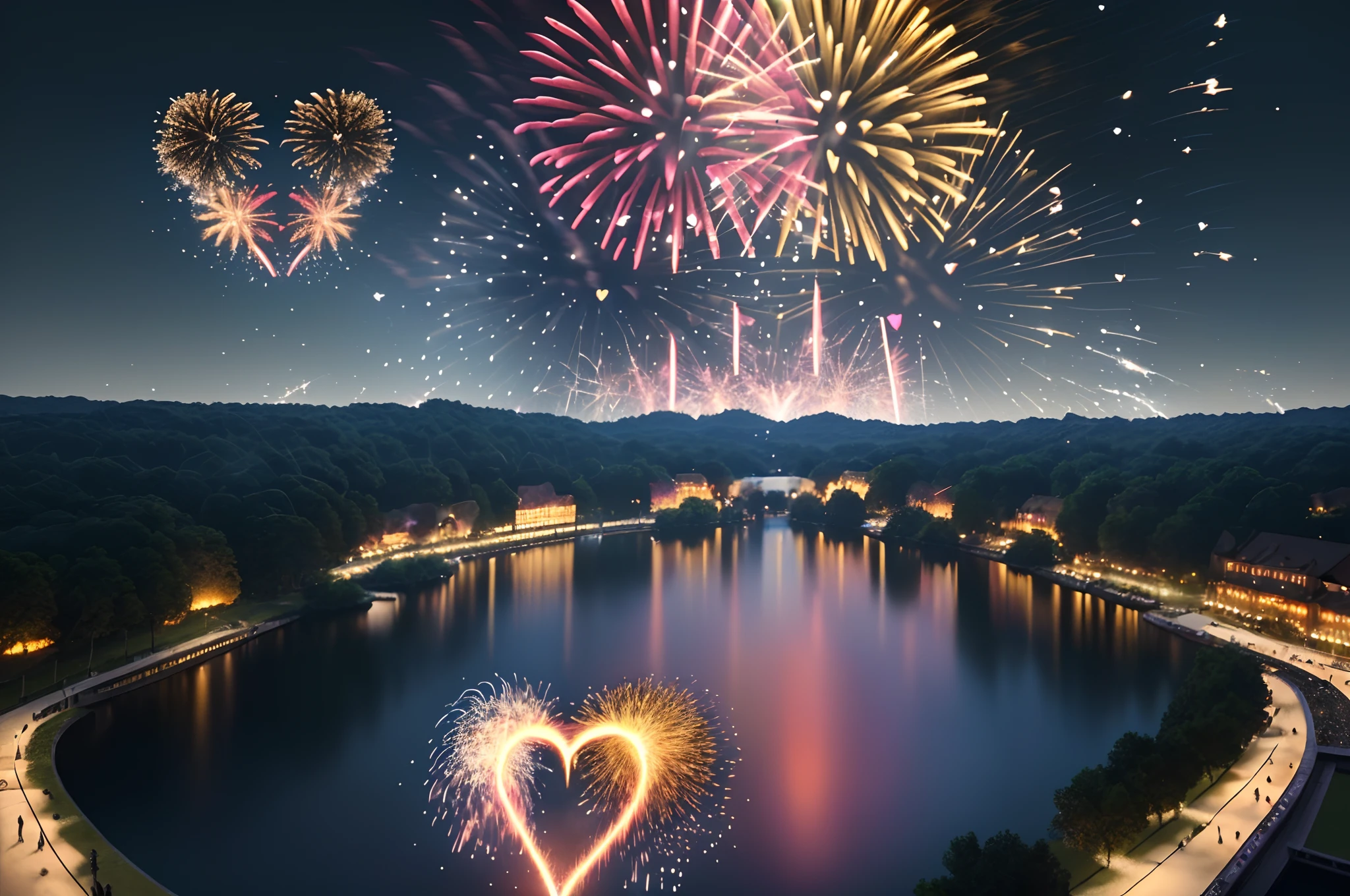 fireworks festivals over a lake, (sparks forming heart-shaped:1.46), heart shaped, picture is taken from a very far distance, intricate details, octa rendering, trending on artstation,