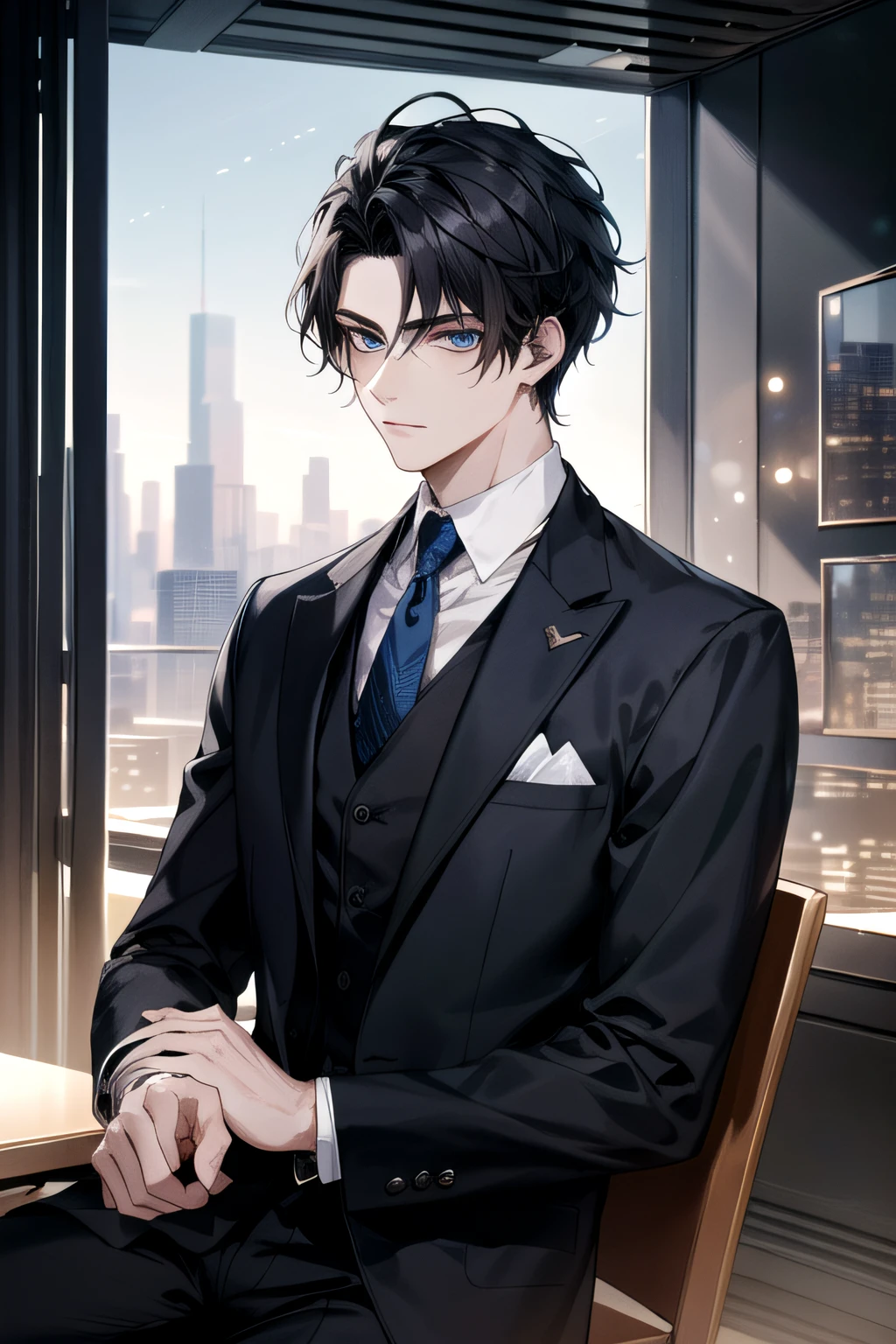 In the vibrant setting of a modern fantasy city, A 24-year-old presents himself with a presence that evokes a combination of youth and maturity. SuHis short black Quiff hair with Soft Fringe (bangs part on side 3:7 ratio) frames an experienced and thoughtful face, while his blue eyes reflect a depth of thought. Dressed in a black suit that flows elegantly, Adorned with white details that shine in harmony with the city light. Adorned with blue details that shine in harmony with the city light. En un plano medio, Your character looks toward the viewer with an expression that captures their determination and a touch of mystery...... en el fondo, The modern city comes alive with futuristic skyscrapers and age-defining technology. En este escenario de maravillas y retos por descubrir, He personifies the fusion of youth and wisdom in a world full of opportunities....detail eyes, detail face.