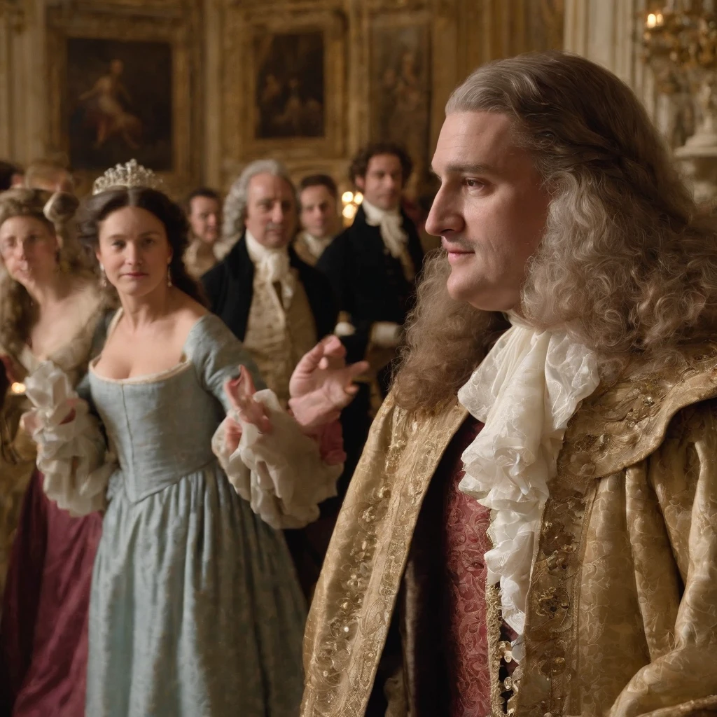 Generate an image that conveys the late-night revelry at Vaux-le-Vicomte, with king louis xiv and guests engaged in entertainment, dancing, and merriment.