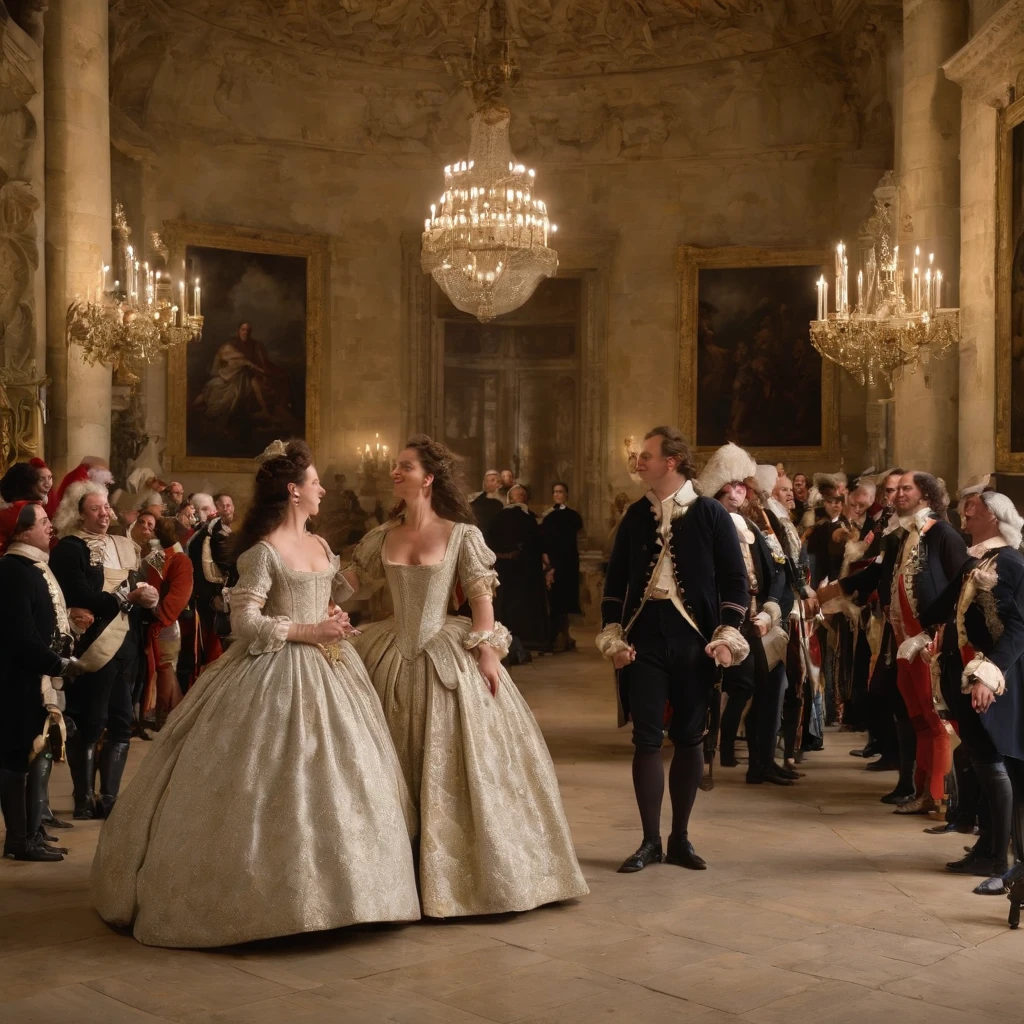 Generate an image that conveys the late-night revelry at Vaux-le-Vicomte, with king louis xiv and guests engaged in entertainment, dancing, and merriment.