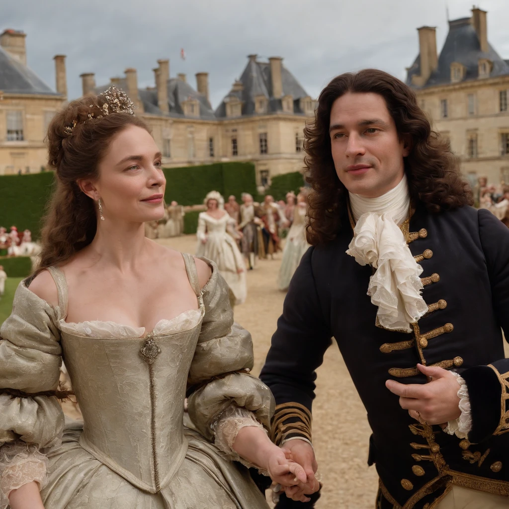Generate an image that conveys the late-night revelry at Vaux-le-Vicomte, with king louis xiv and guests engaged in entertainment, dancing, and merriment.