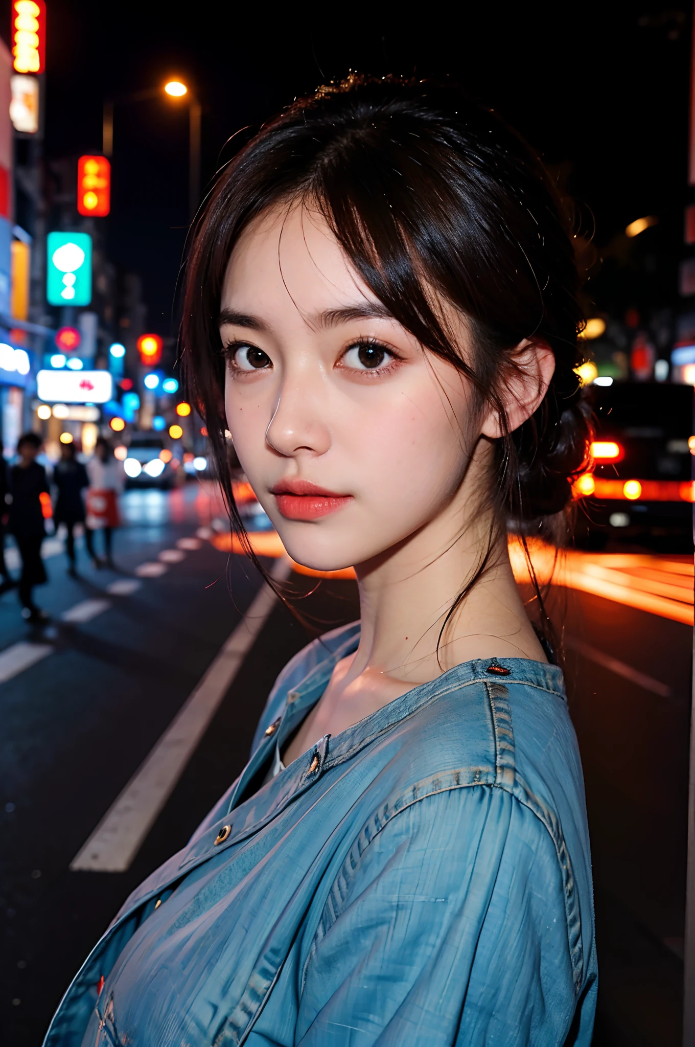 1girl, Tokyo street,night, cityscape,city lights, upper body,close-up, 8k, RAW photo, best quality, masterpiece,realistic, photo-realistic,