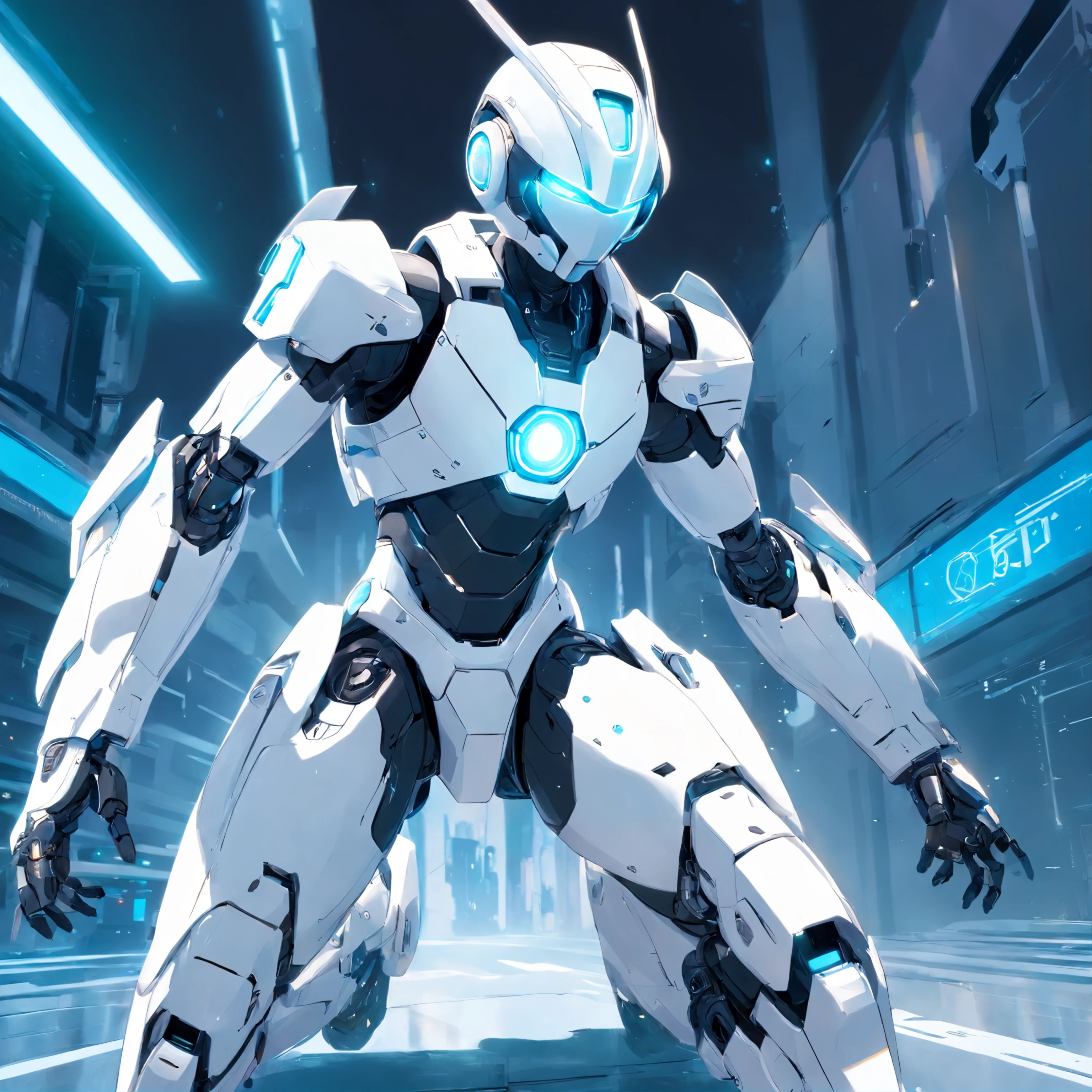 A realistic white Marvel combat machine-style non-human robot in an advanced cybernetic suit