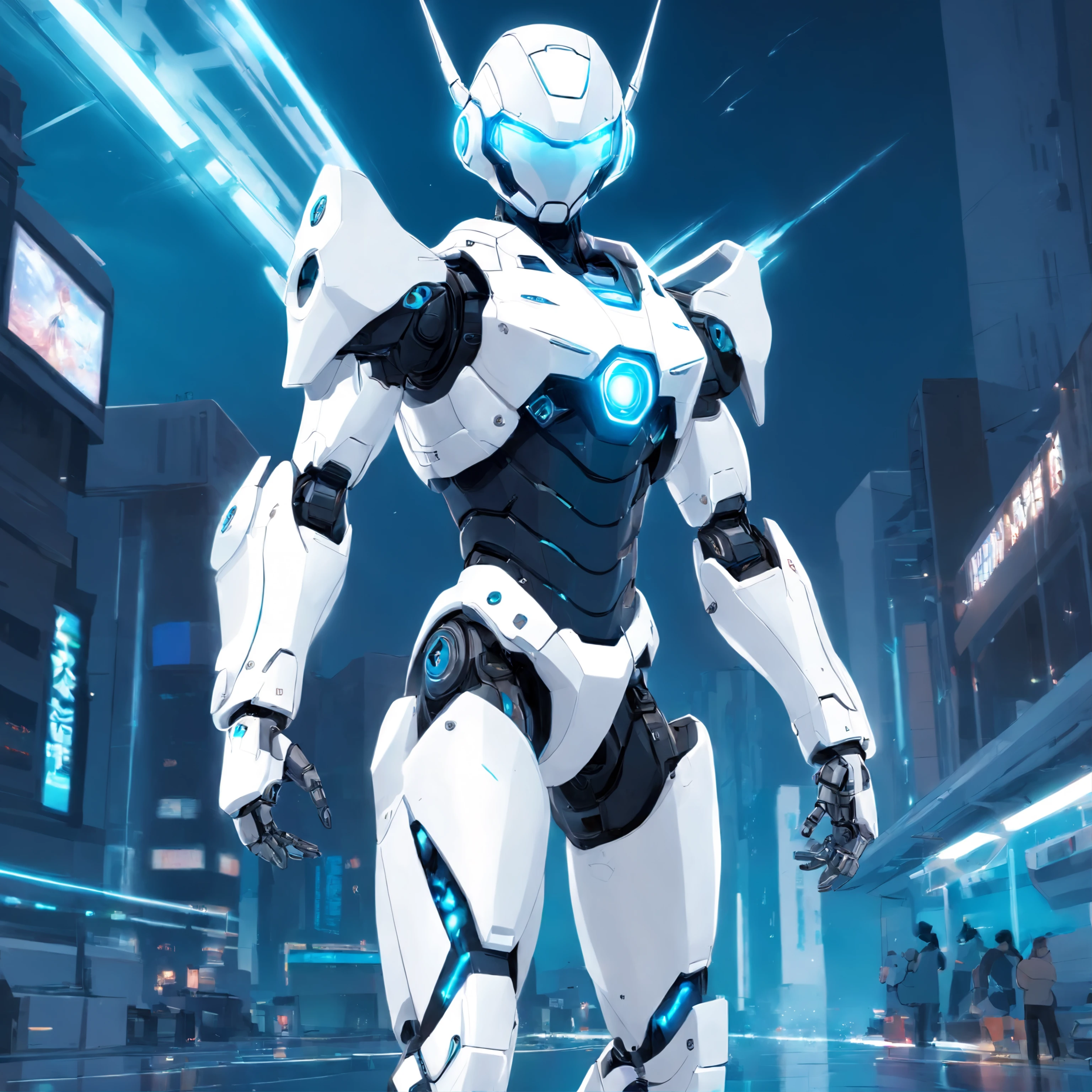 A realistic white Marvel combat machine-style non-human robot in an advanced cybernetic suit
