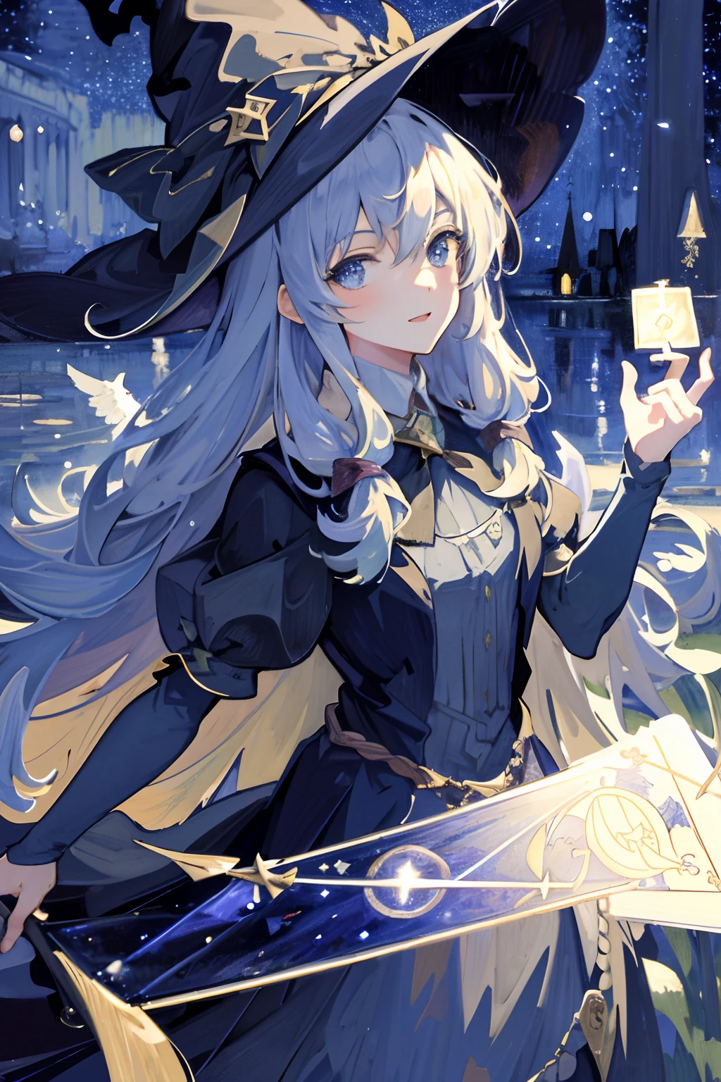 ((Masterpiece:1.2, Best quality)), 1girll, Solo, (Witch hat), Blonde hair, Long hair, dress, aurora, Night, Star (sky), mitts, sky, White dress, Night sky, Open mouth, Starry sky, Blue eyes, ribbon, Very long hair, Red dress, Smile, Hair ribbon, Cape, Blue hair, (Bird), magic, casting spell, Dark clouds, Night, (Impressionism:1.4), (tarot:1.3), Alphonse Mucha,
