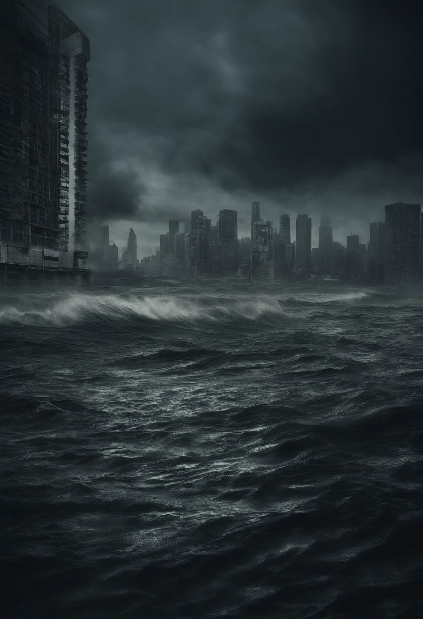 Create a cinematic cityscape,A huge monster in the sea,Flooded half of the high-rise buildings,Dilapidated buildings,,Faint lights and towering tsunami waves pound the city's skyline. The lens should capture the absolute power and destructive power of the wave, The building in the foreground is partially submerged, debris flying, and the feeling that disaster is imminent. Long lens camera angle with EE 70mm lens on the Nikon D850, Aim for high resolution, Photorealistic rendering. Ensure that the scene is highly detailed, With HDR lighting, And convey a sense of urgency and confusion.Sense of oppression