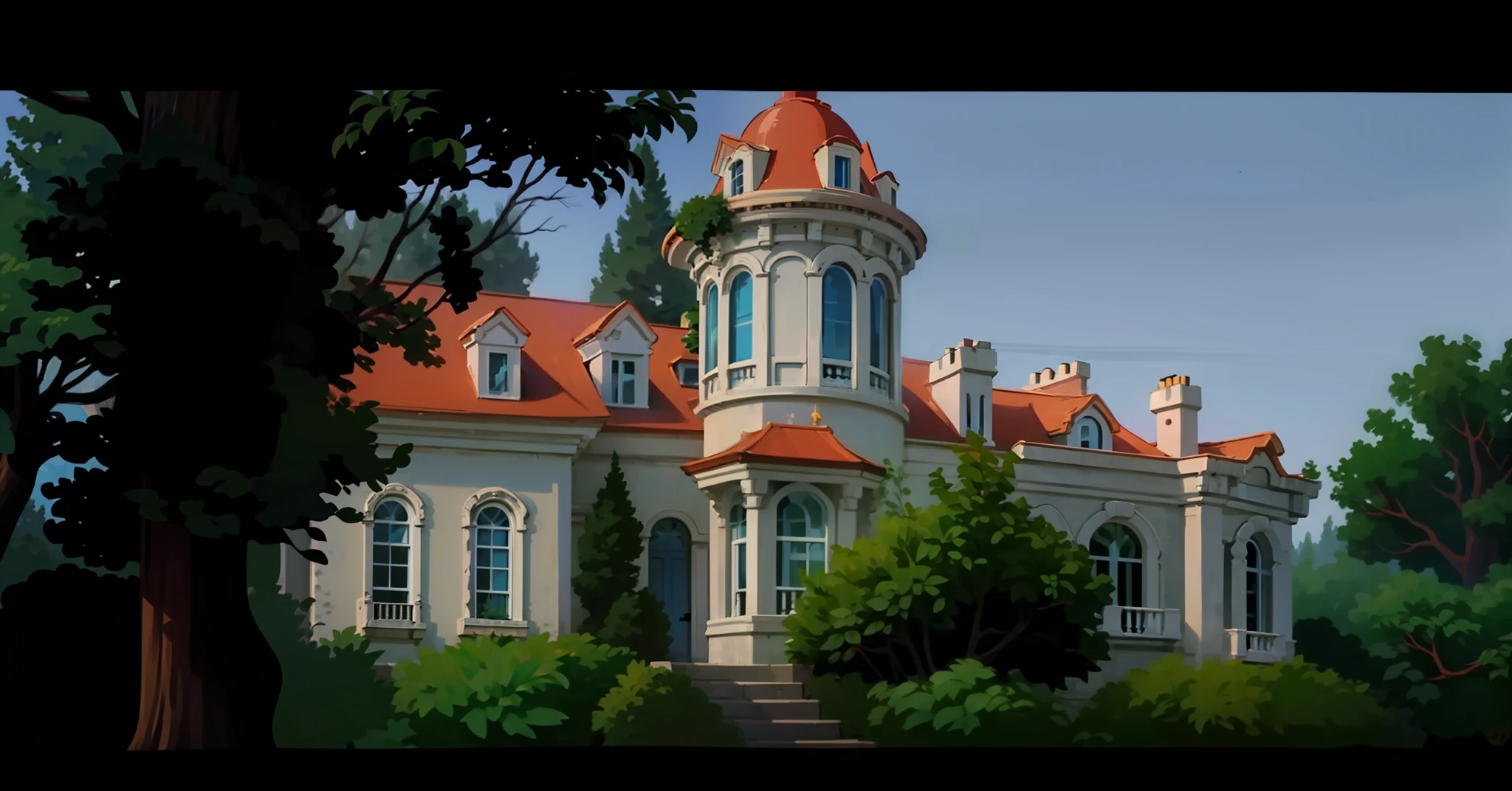 Disney cartoon scene, old cartoon style, luxury house, rich house, big house background