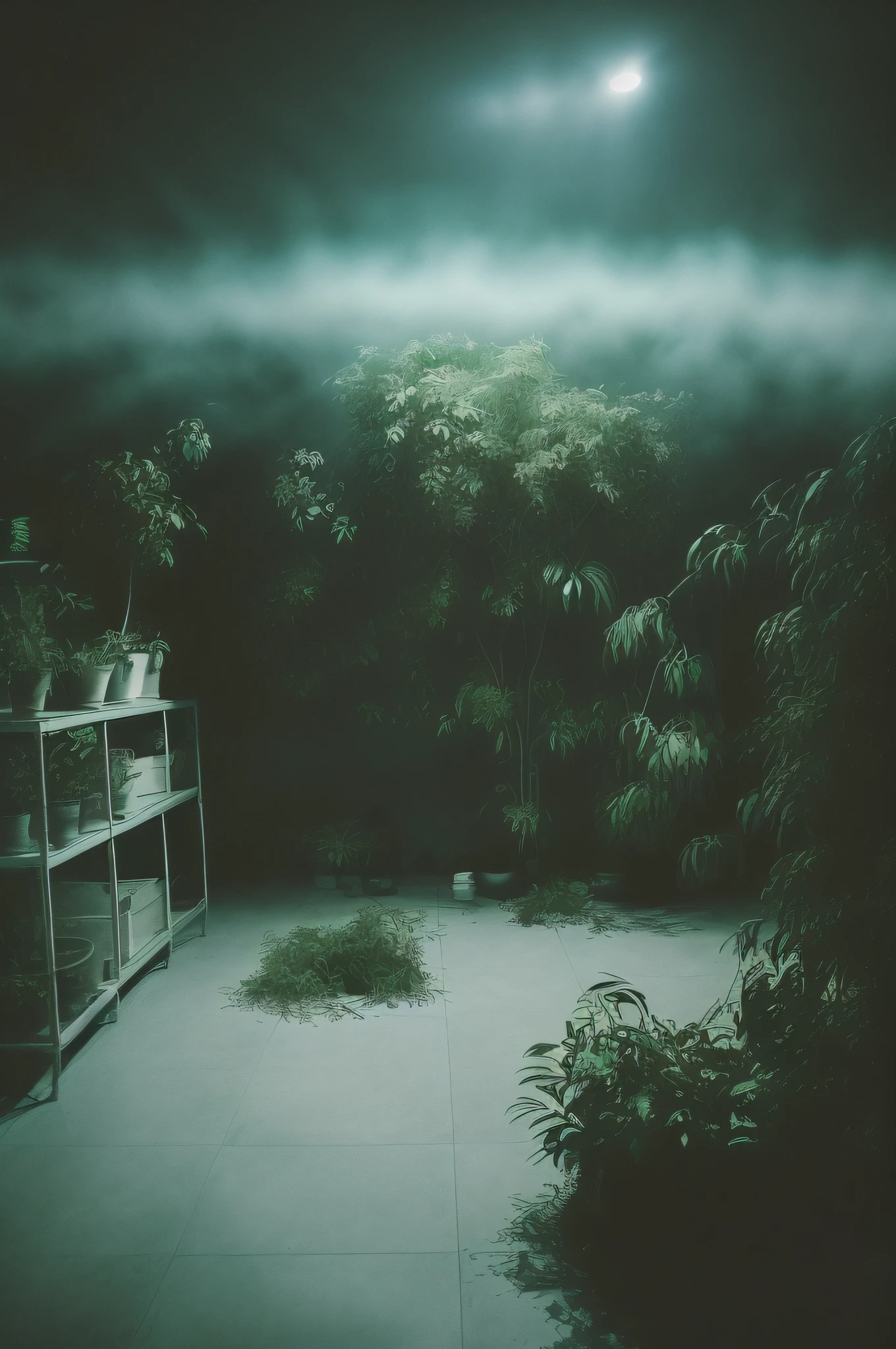 (mid night、deep in the night)、(Nostalgic but worrisome photos、Images in a dream)、((unmanned、There are no people))、((Large Tile Bal Room、Countless plants、Haze))、((Particle、Grainy photo、Film Touch、color photograph、colourfull、wide angles、wide-angle lens))、