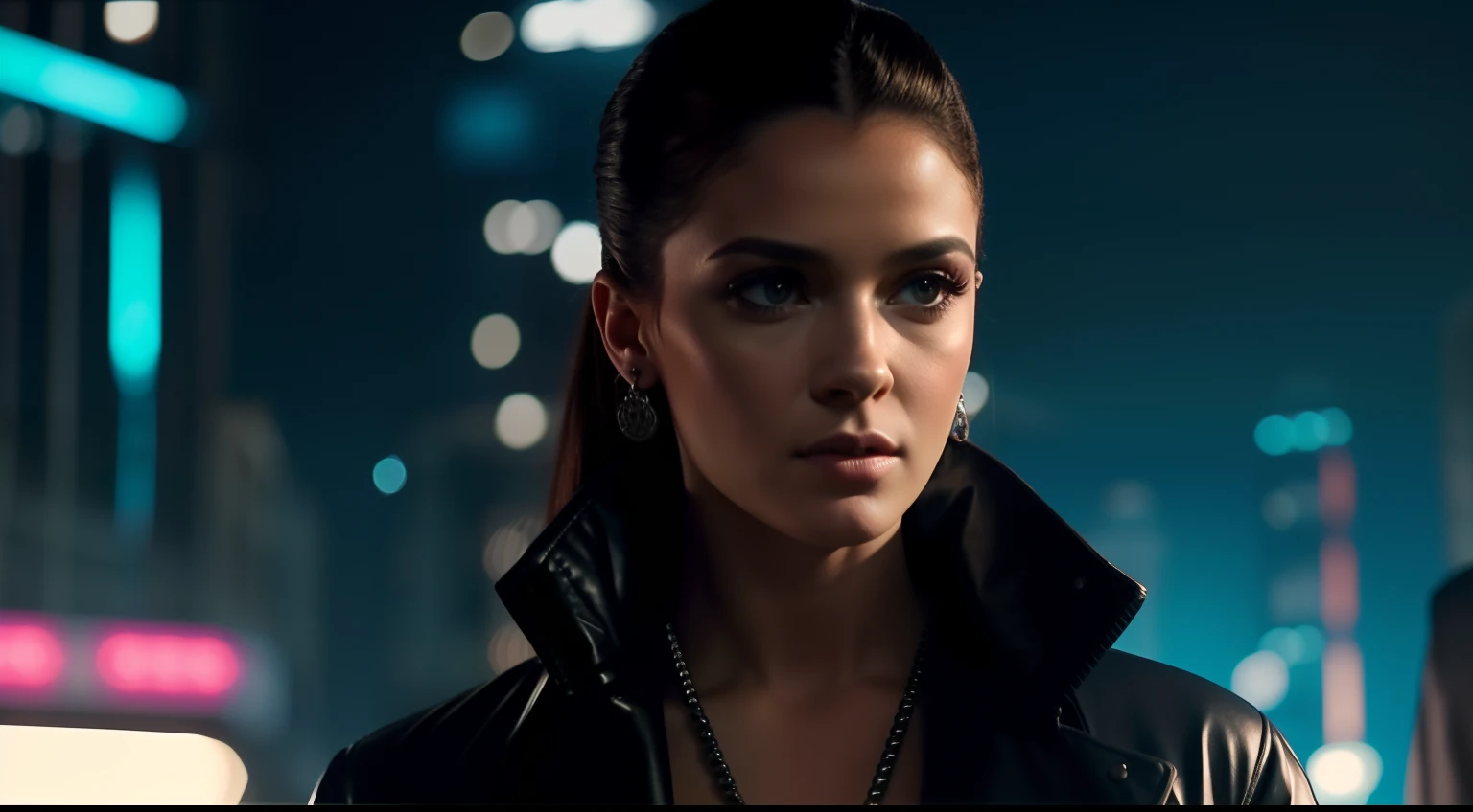 Close-up, uma bela moda elegante russa, louro, roupa esfarrapada, cabelo curto chelsea corte lateral, roupa punk, roupa rosa, batom, action movie scene, Jantar Distópico Cinematic Blade Runner, noite, movimentado com sinais de neon, blade runner aesthetics, lotado de pessoas, cinematografia de filmes, gangue trash, pessoa atraente, High emphasis on detail, vestindo equipamentos de tecnologia do tempo, gangue trash, Vida noturna, cheio de vida, gangue trash, action movie shot by Kon Satoshi, estilo Semi Impasto, tinta escura, Atmospheric, brilhante, lighting dramatic, olhos bonitos, symmetric eyes, olhos perfeitos