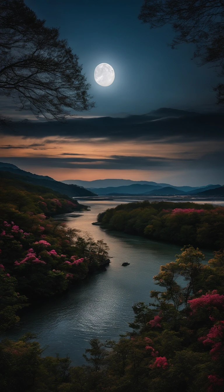 The tide of the Chuncheon River connects the surface of the sea,The bright moon over the sea coexists with the tides。
Thousands of miles by waves,Where there is no moonlight in the river in spring。
The river flows around Fangdian,The moonlight and flower forest are like fog。