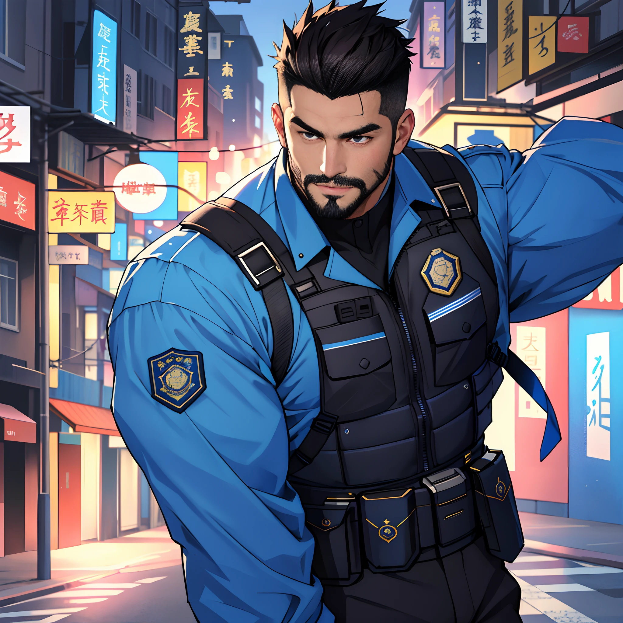 best qualtiy, tmasterpiece, 超高分辨率, detailedbackground, photorealestic, illustratio, Single, 1 boy, Muscle men, sbeard, Police, the street, musculature, Facial hair, Volumetriclighting, depth of fields, Blue police uniform