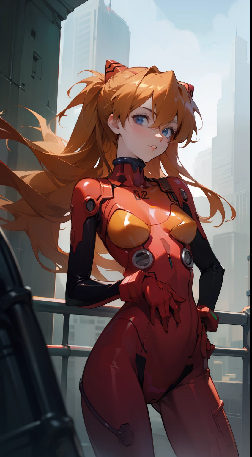 asukalangley, Asuka Langley Soryu, hair between eye, Orange hair, Long sleeves, plugsuit, Red bodysuit, BREAK outdoors, city, looking at the viewers, (masutepiece:1.2), Best Quality, High resolution, Unity 8k壁纸, (Illustration:0.8), (Beautiful detailed eyes), extra detailed face, Perfect Lighting, extremely details CG, (Perfect hands, Perfect Anatomy),