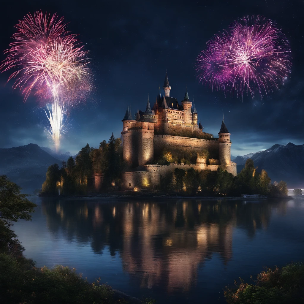 ，masterpiece, best quality，8k, ultra highres，Late night falls，The sky was gradually engulfed in darkness，The sneaking stars began to twinkle。An old castle stands on top of a rock，Its edges are surrounded by starry fireworks。 The exterior of the castle looks mysterious and majestic against the backdrop of night，It was shrouded in a faint mist，It gives a dreamy feeling。The castle's minarets are dotted with ornate fireworks，Bloom with colorful brilliance。The light and shadow of fireworks are woven into brilliant patterns in the night sky，Create a dreamlike scene。 Stand on the square in front of the castle，A young couple holding hands，Stroll through the pebbles-paved pavement。The castle behind them emitted a faint glow，Illuminates the silhouette of the two。The girl's long hair fluttered in the wind，She wore a gorgeous long dress，It looks particularly elegant against the backdrop of fireworks。And the boy's smile，More tenderness and love。 The square is surrounded by a fairytale landscape，Charming music wafts。Elves flutter among the trees，They are dressed in colorful feathers，Fireworks in hand，Throw them into the sky。Each firework blooms into a tiny star in the air，Shine in the night。 The lake not far away shimmered faintly in the darkness，Like a jewel set in the earth。There are fishing boats floating on the lake，The people on board raised their glasses，Bless this wonderful moment。They laughed，A romantic place celebrating at night。 The whole scene is full of fantasy and fantastic elements，The brilliance of fireworks、The tranquility of the lake、The mystery of the castle，Everything constitutes an aesthetic mood，It is as if you have entered a mythical world。