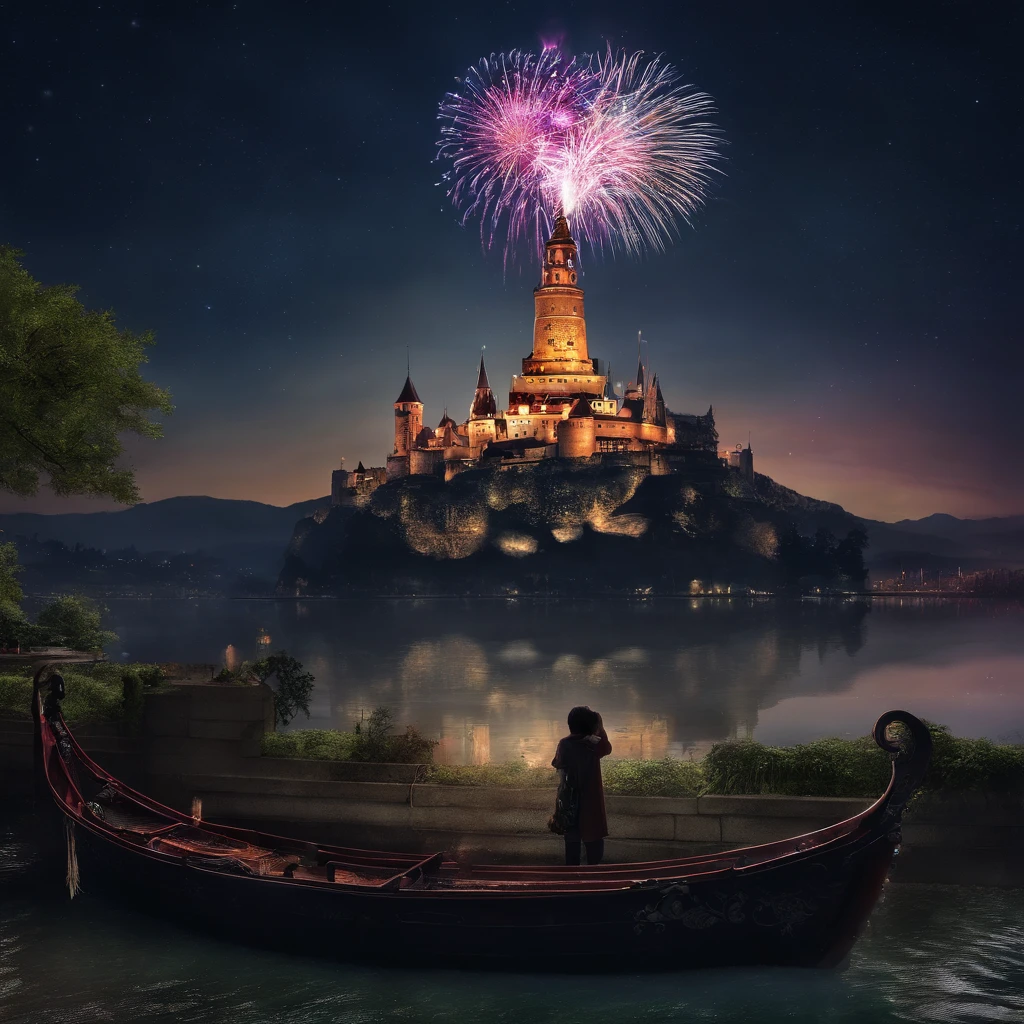 ,masterpiece, best quality,8k, ultra highres,Late night falls,The sky was gradually engulfed in darkness,The sneaking stars began to twinkle。An old castle stands on top of a rock,Its edges are surrounded by starry fireworks。 The exterior of the castle looks mysterious and majestic against the backdrop of night,It was shrouded in a faint mist,It gives a dreamy feeling。The castle's minarets are dotted with ornate fireworks,Bloom with colorful brilliance。The light and shadow of fireworks are woven into brilliant patterns in the night sky,Create a dreamlike scene。 Stand on the square in front of the castle,A young couple holding hands,Stroll through the pebbles-paved pavement。The castle behind them emitted a faint glow,Illuminates the silhouette of the two。The girl's long hair fluttered in the wind,She wore a gorgeous long dress,It looks particularly elegant against the backdrop of fireworks。And the boy's smile,More tenderness and love。 The square is surrounded by a fairytale landscape,Charming music wafts。Elves flutter among the trees,They are dressed in colorful feathers,Fireworks in hand,Throw them into the sky。Each firework blooms into a tiny star in the air,Shine in the night。 The lake not far away shimmered faintly in the darkness,Like a jewel set in the earth。There are fishing boats floating on the lake,The people on board raised their glasses,Bless this wonderful moment。They laughed,A romantic place celebrating at night。 The whole scene is full of fantasy and fantastic elements,The brilliance of fireworks、The tranquility of the lake、The mystery of the castle,Everything constitutes an aesthetic mood,It is as if you have entered a mythical world。