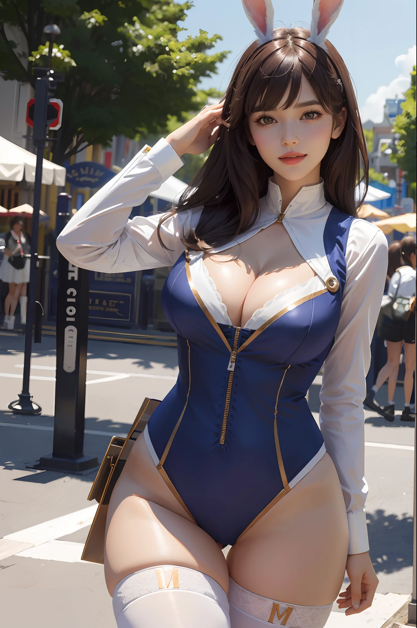 (best quality, masterpiece:1.1), (realistic:1.4), 1girl,bust portrait, (D-va suit),thighs stockings,gigantic breasts,big cleavage,slim waist,wide hips,breasts about to burst of her clothing,brown hair,blunt bangs,bunny ears,happy,in the amusement park,high detailed background,high skin details,smile,cameltoe,see-through clothing,