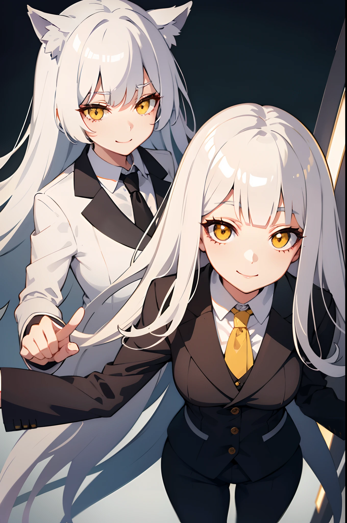 An anime style screenshot of the universe of "Boku no hero academia" (bnha). The scene shows an albino girl with short, wavy hair in the form of waves falling downwards.. He has big green eyes that stand out in his pale face.. He wears the typical UA , with a gray jacket and a red tie. The girl has snake fangs that show when she smiles and small medium-sized wings on her back. Besides, a snake's tail is seen moving behind her. The background is a typical anime school hallway, with lockers and doors on the sides