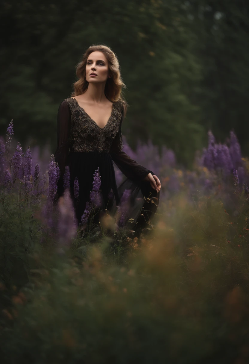 Sarah's ghostly presence among the wild blck flowers, The scene captures Sarah as a timeless, ethereal figure, gracefully merging with the vibrant, aragant wildflowers. The color temperature is slightly dark and aged, with hues reminiscent of aged parchment, and Sarah's expression radiates angry and eternal connection. The lighting is mysterious dark.