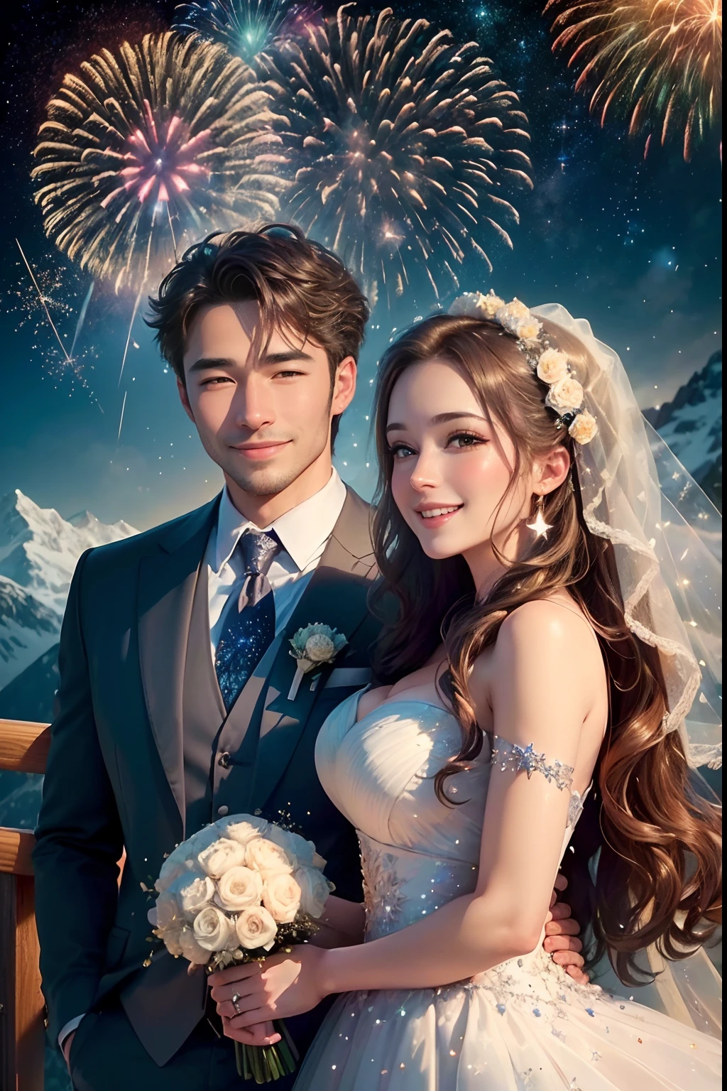 ((Best quality, A high resolution, Masterpiece:1.2)), (Romantic), (newlyweds:1),(Happy smile),Delicate facial features, Clear facial features, Optimized details,(Stargazing at the top of the mountain), (Spectacular sky fireworks display), (Colorful fireworks), (Giant fireworks), (Wedding dress), (suit), (glittering stars:1.5), Romantic couple photo, cinematic Film still from.