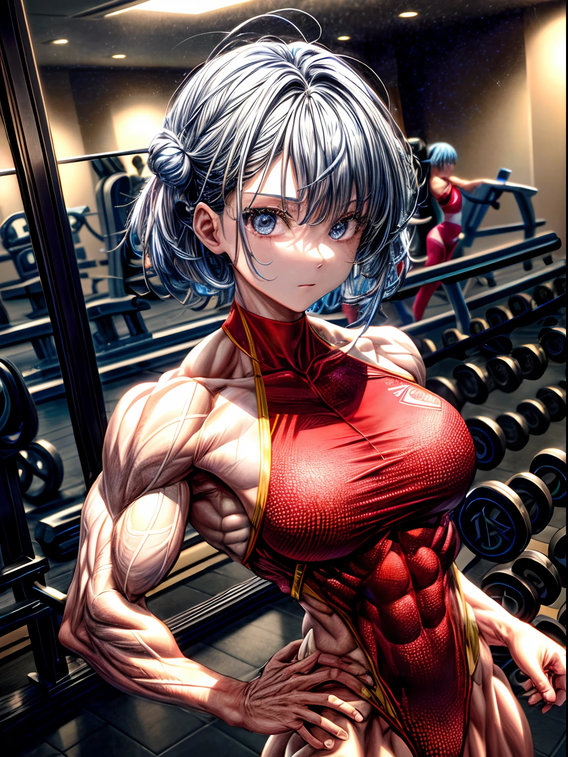 (BEST lighting) , (ultra intricately detailed) , 4K unification, (super-detailed CG: 1.2) , (8K: 1.2),(Original), (Masterpiece) , (Best quality),(Masterpiece:1.4),Anime-ish high quality,(Masterpiece),Masterpiece, Best quality, absurderes,((masterpeace, 4K, 8K, Yes, A high resolution))1girll, One man only,She is in the ballet studio,Ballet costumes, Protruding blood vessels on the arm,Spring, Boots, Perfect figure, Short blue asymmetric hair, Sweat, ((body builder:1.5)),The strongest in the world,Practice dance studio background,(Beautiful bace),(Girl),(Female),(((Upper body:1)))