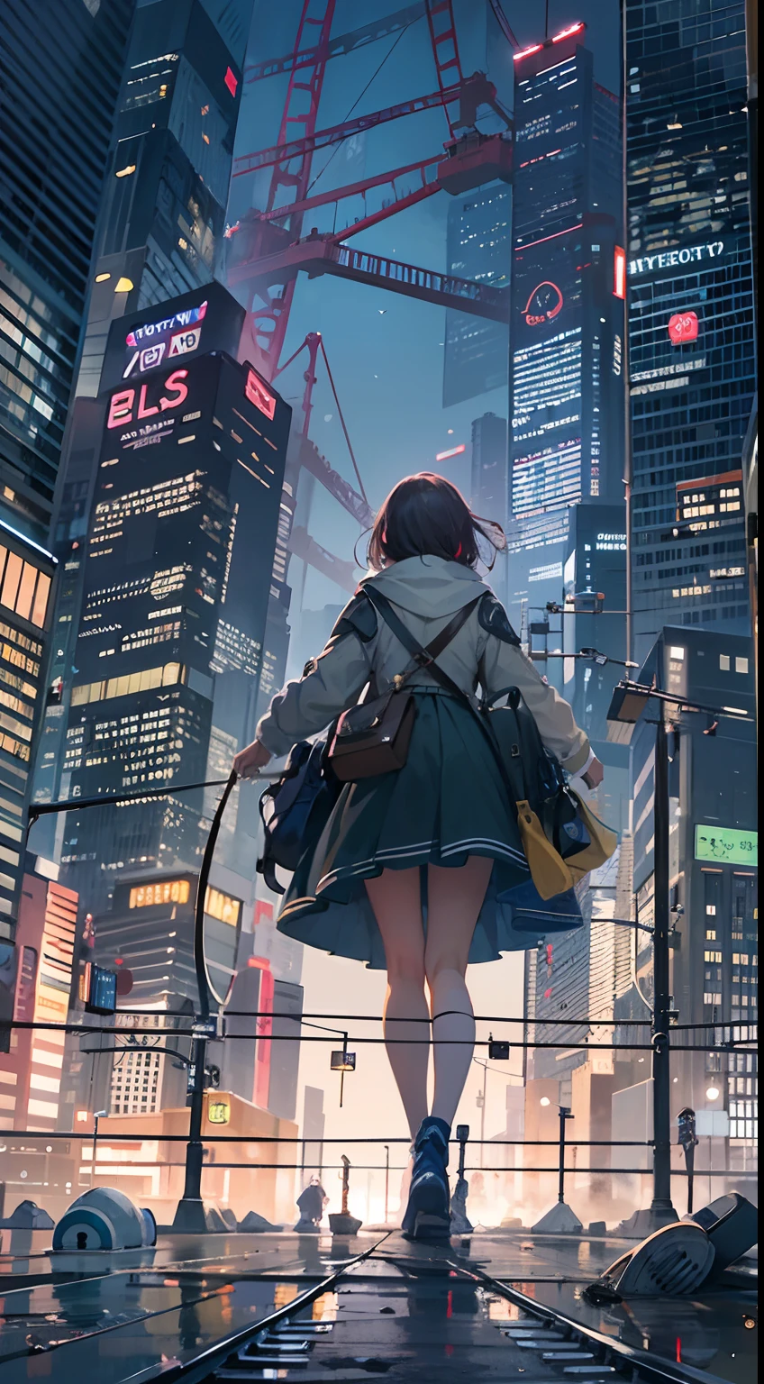 1womanl,Only 12、full body shot of、The beginning of the adventure、Very dark sky、Lots of clouds,Heavy fog、starrysky、large moon,The chaotic city of the future、dystopian、blimp、A group of very tall skyscrapers stands in the center、High brightness radio tower、Crowded skyscrapers、Signs、the street lights、taxis、the bus、Train、Fairly dim lighting、The Dark Road、Puddles、chaos、Fantastic landscape、high high quality、masutepiece,8K、A high resolution、