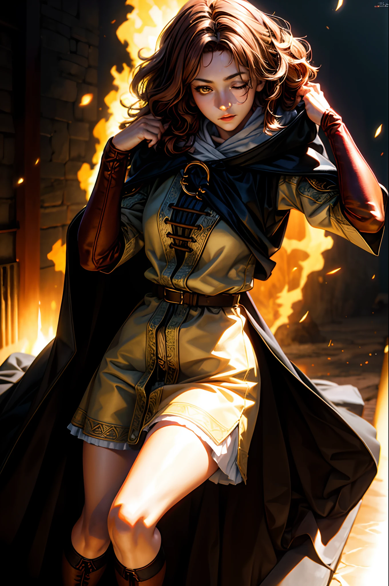 (8k, RAW photo, best quality, masterpiece:1.2), (realistic, photorealistic:1.4) ,detailed face,1girl,full body, (detailed face and eyes),masterpiece, best quality, detailed, masterpiece, best quality, (eurasian:0.4),solo, professional lighting, melina \(elden ring\),brown hair,brown red hair,medium short hair,black cloak with hood,orange eyes,Tunic,belt,full body,closed left eyes,Scar on left eyes, ultra high res