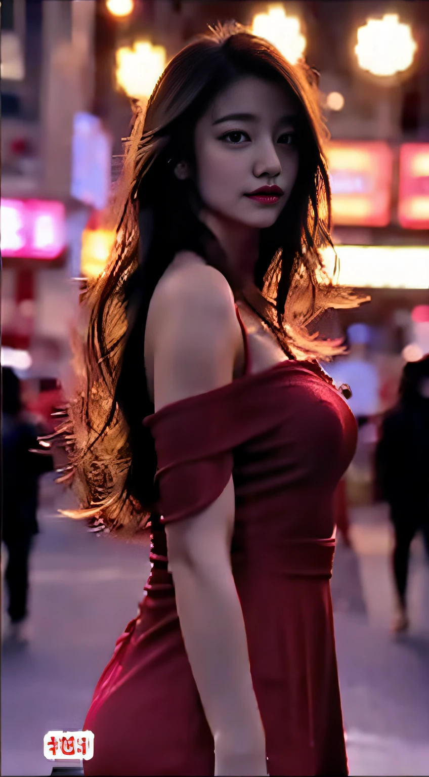 top-quality。8K-Picture。Ultra-high pixel。The background is the city at night。girl with。hair is long and slightly wavy,,,,,,,,,,,,,,,,,,,,,,,,,,,,,,。The color is dark brown。Glamour style、((huge-breasted:1.6))。wearing red dress、Photos dancing brilliantly。Delicate finish overall。The body line is gorgeous。legs are long、Wear red high heels。Hair shines like a reflection of the street。The eyeball reflects the surrounding landscape。The skin is wet with night dew。Almost perfect woman。time々In close-up of the upper body。