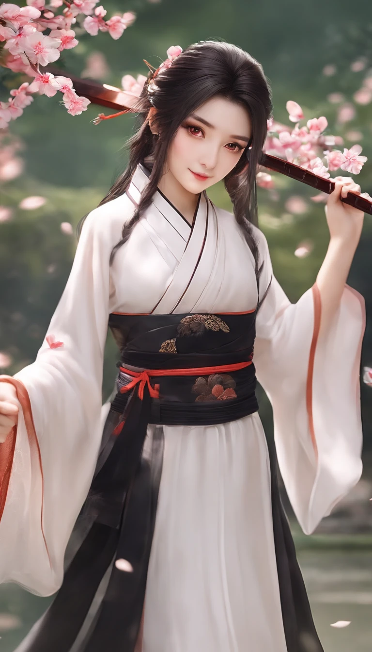 Danfengmu，bushido，The upper part of the body，Black Coil Hair，Simple hairpin，Cold eyes，solo person，orthofacial，frontage，Peach blossom background，Saturated colors，hyper realstic，8K High Resolution，Holding a longsword，Absolutely beautiful，highlight，plethora of colors