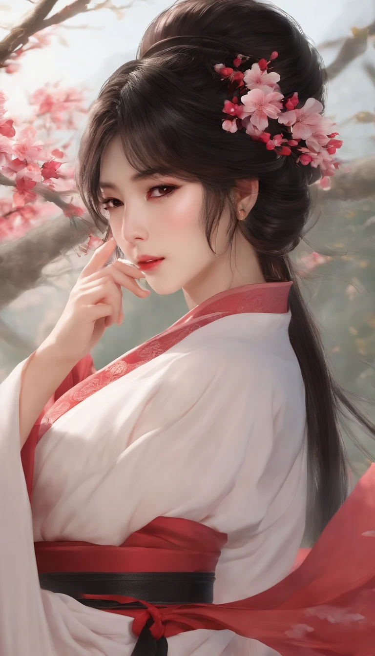 Danfengmu，bushido，The upper part of the body，Black Coil Hair，Simple hairpin，Cold eyes，solo person，orthofacial，frontage，Peach blossom background，Saturated colors，hyper realstic，8K High Resolution，Holding a longsword，Absolutely beautiful，highlight，plethora of colors