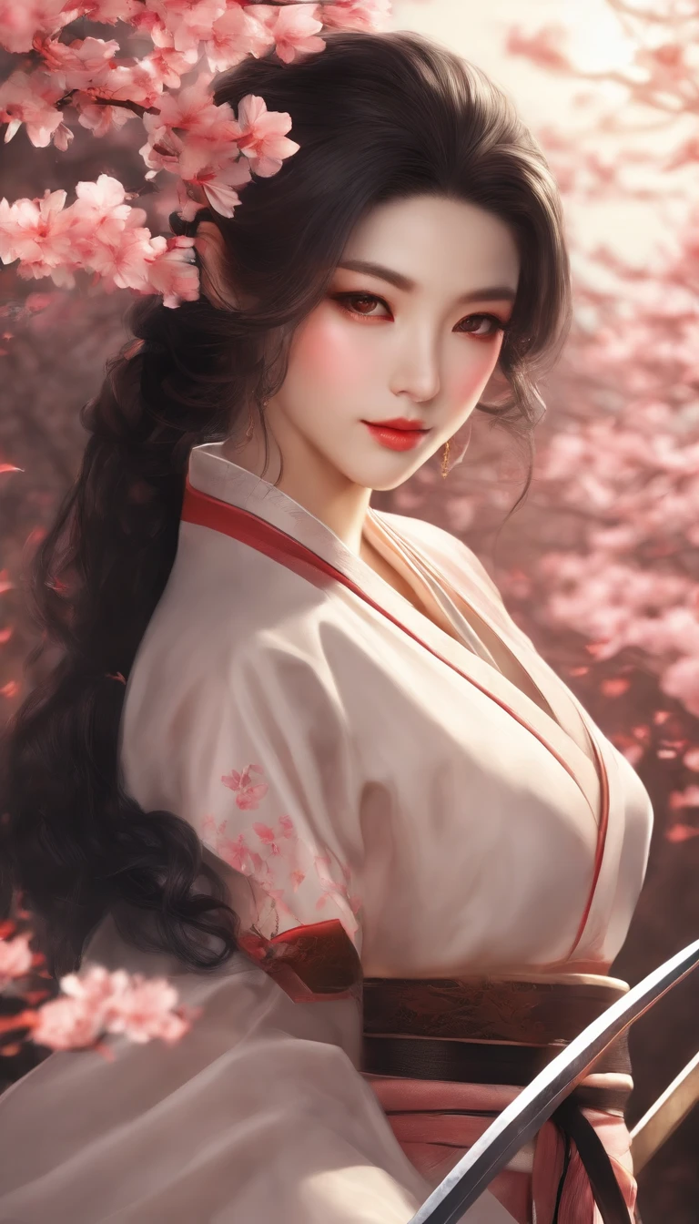 Danfengmu,bushido,The upper part of the body,Black Coil Hair,Simple hairpin,Cold eyes,solo person,orthofacial,frontage,Peach blossom background,Saturated colors,hyper realstic,8K High Resolution,Holding a longsword,Absolutely beautiful,highlight,plethora of colors