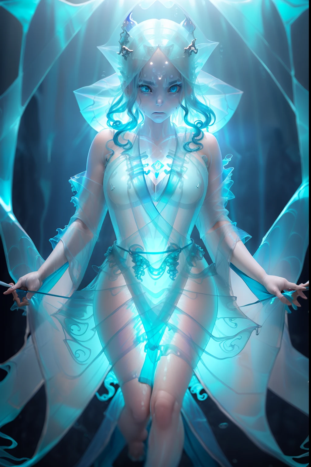 Woman manipulating water、A devil that combines creepiness and beauty、ruthless look、Golden Ratio Beauty Face、Symmetrical beautiful face、sneering、Blue eyes、Hair is light blue、Hair is wavy、(Transparent body like water:1.5)、(flimsy translucent light blue robe:1.8)、(under the water:1.5)、Full body