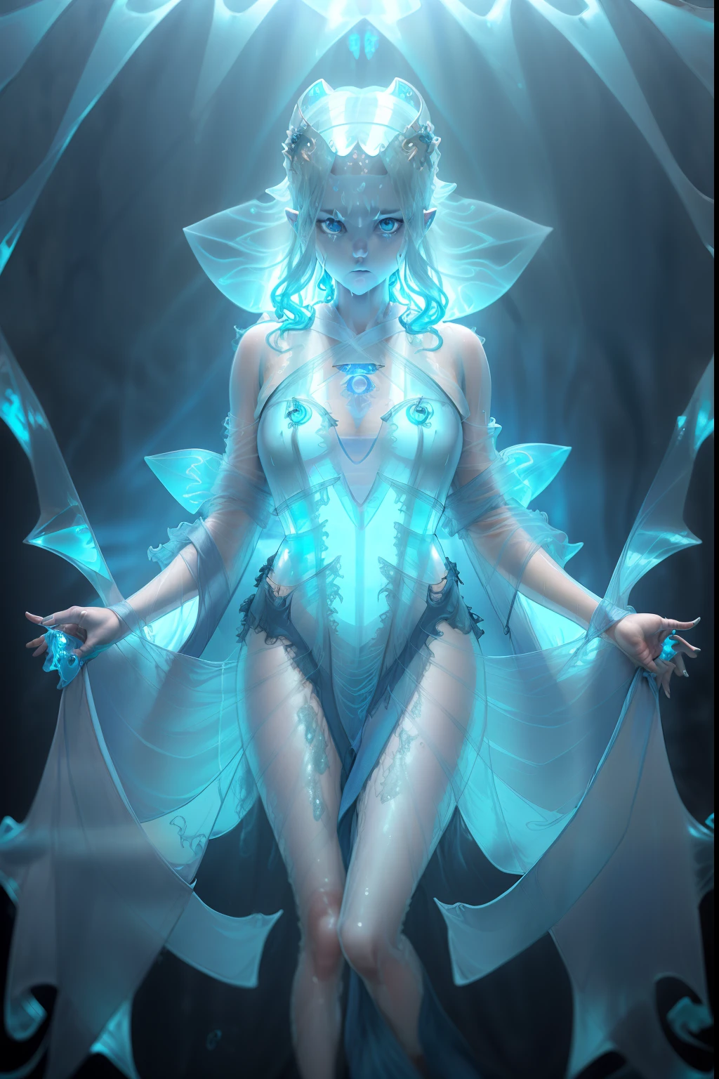 Woman manipulating water、A devil that combines creepiness and beauty、ruthless look、Golden Ratio Beauty Face、Symmetrical beautiful face、sneering、Blue eyes、Hair is light blue、Hair is wavy、(Transparent body like water:1.5)、Slender body、(flimsy translucent light blue robe:1.8)、(under the water:1.5)、Full body