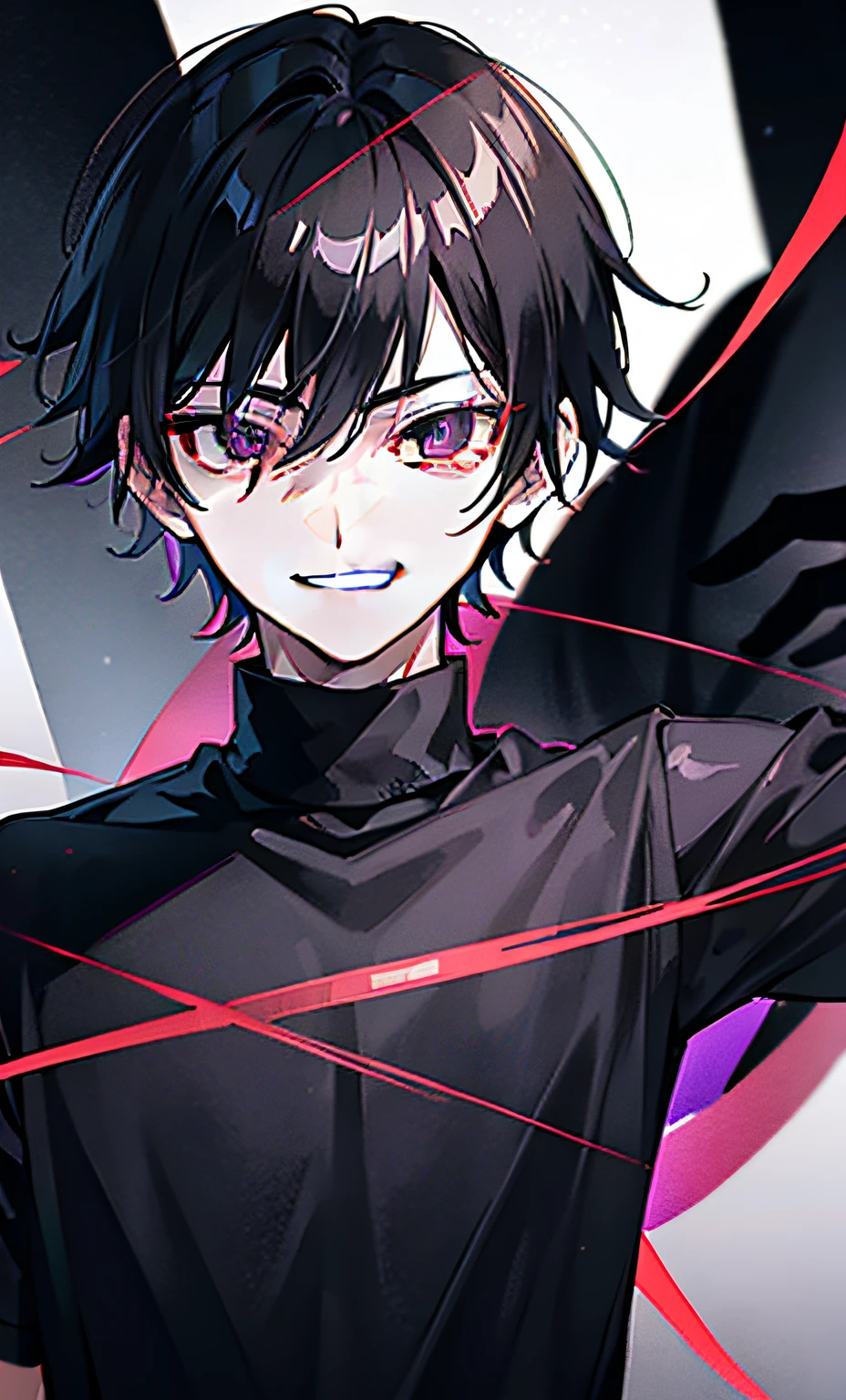 person with a creepy hot face black hair male highschool boy student in a black shirt and a glove, a character portrait, ken kaneki, kaneki ken, black eyes, purple eye aura, grinning