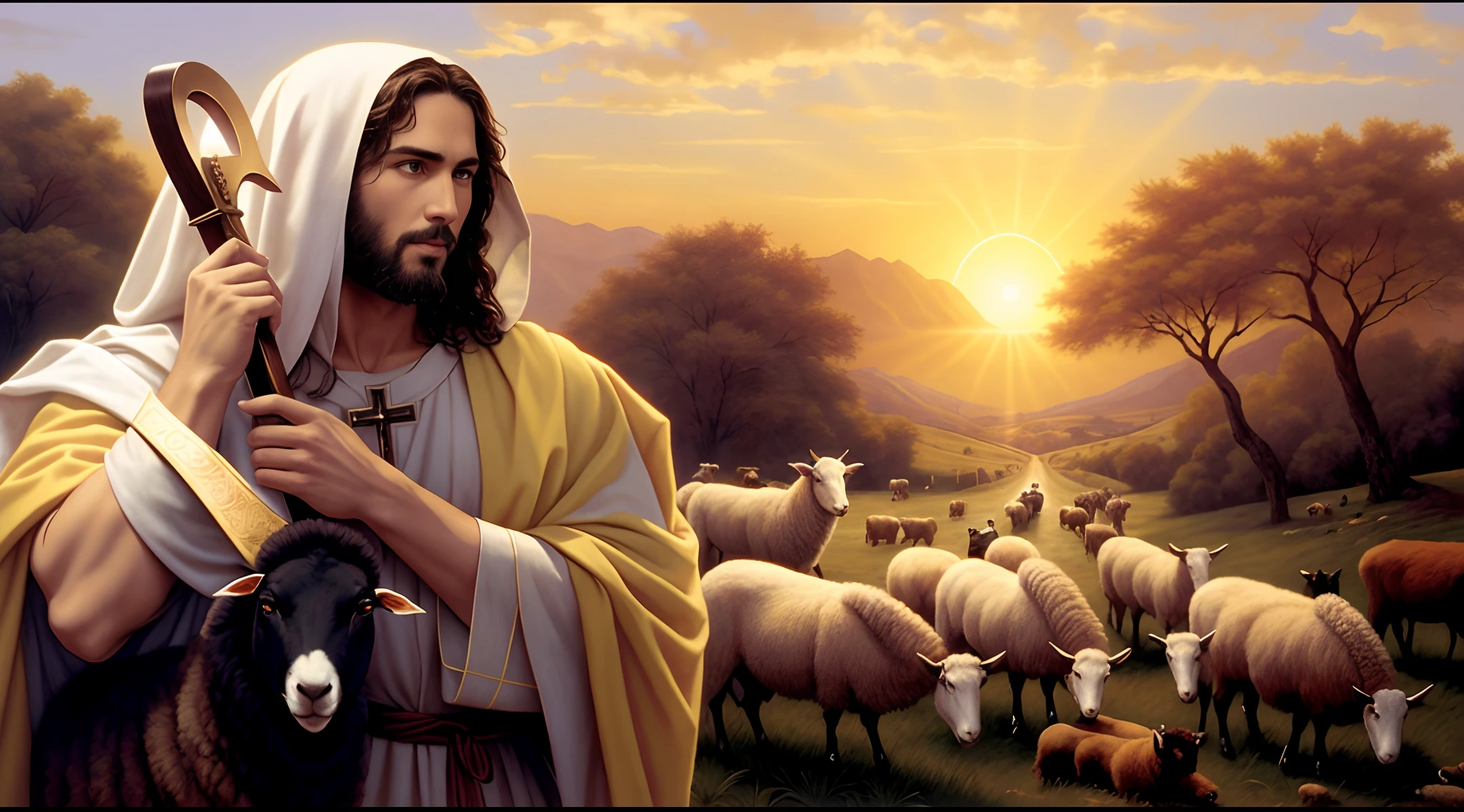 Jesus with sheep and a cross in his hand, Jesus Cristo, jesus of nazareth, Jovem Deus Todo-Poderoso, Greg Olsen, bible illustration, O Senhor e Salvador, catholic religious art, Christian art, Inspirado em Mark Keathley, papel de parede hd, Jesus segurando um gato bonito, bela cena, Jesus, Directed by: Scott Gustafson, Beautiful, A cena mais bonita