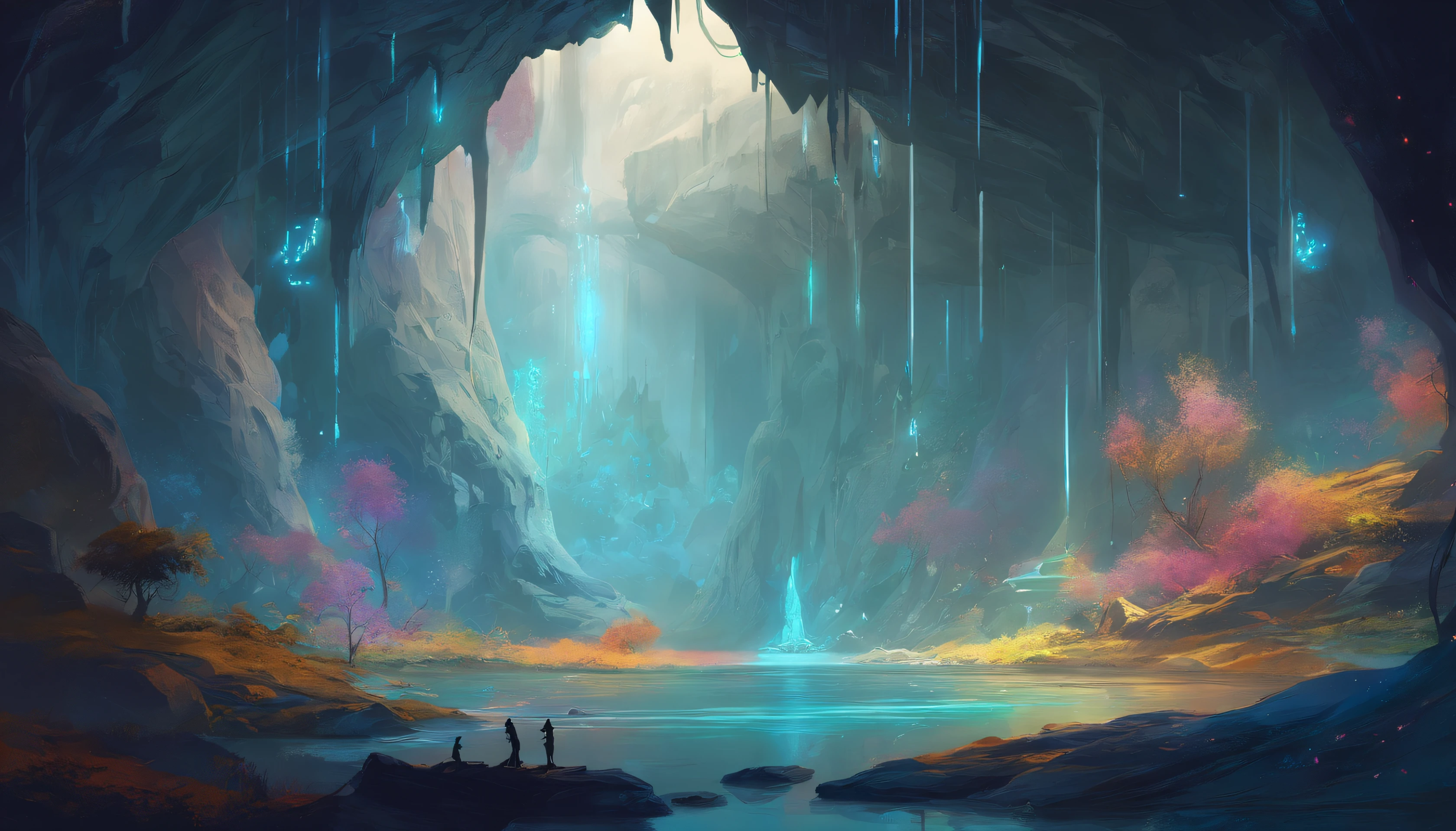 Inside the caves in outer space grow colorful plants,Blue vines grow on top of the cave,In the depths of the cave floats white veils,There was mist all around,A white alien dog at the mouth of the cave,Walk inside