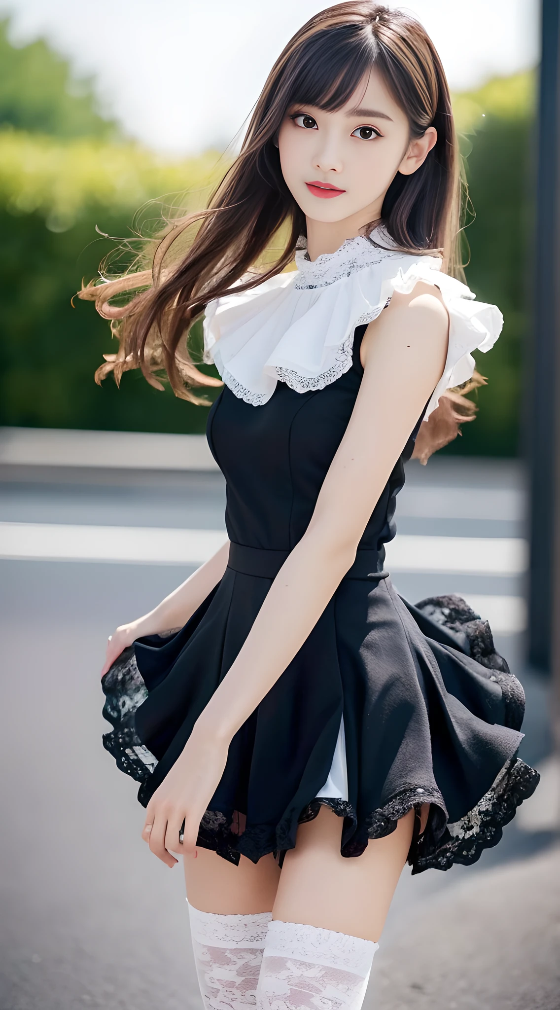 (1girl:1.1), cute, 13 years old, looks pure, 4k, RAW photo, (photo realistic:1.37), ultra high res, best quality, small round face, big eyes, extremely detailed face, extremely detailed eyes, slender, slender legs, slim legs, wearing thigh-high socks, blush, bangs, dynamic pose, pale lip,
BREAK (adorable top idol:1.6), (idol costume:1.5), (frilled and lace-adorned ensemble:1.5), (effortlessly chic hairstyle:1.4), (vibrant colors and dynamic moves:1.5), (unforgettable music journey:1.4), (heartwarming connections:1.4), (inspirational role model:1.5), (radiant star power:1.4), (captivating aura of stardom:1.4),