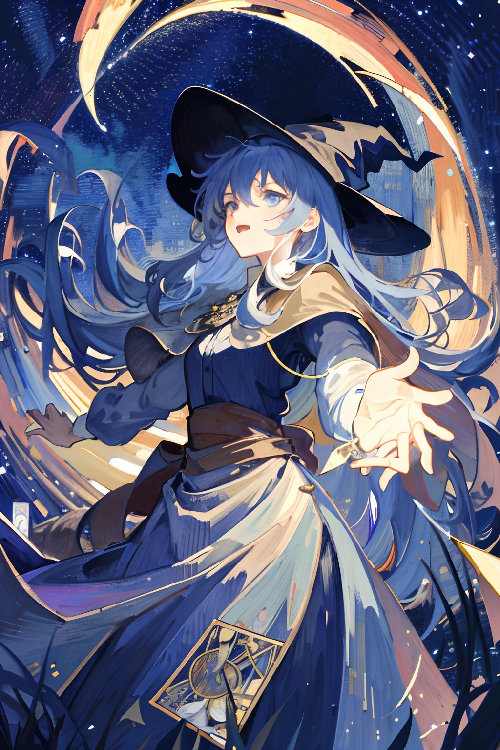 ((Masterpiece:1.2, Best quality)), 1girll, Solo, (Witch hat), Blonde hair, Long hair, dress, aurora, Night, Star (sky), mitts, sky, White dress, Night sky, Open mouth, Starry sky, Blue eyes, ribbon, Very long hair, Red dress, Smile, Hair ribbon, Cape, Blue hair, (Bird), magic, casting spell, Dark clouds, Night, (Impressionism:1.4), (tarot:1.3), Alphonse Mucha,