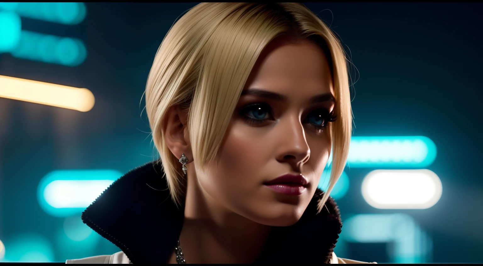 Close-up, uma bela moda elegante italiana, roupa esfarrapada, Cabelos longos, blonde hair, lipstick, roupa punk, roupa rosa, batom, action movie scene, Jantar Distópico Cinematic Blade Runner, noite, movimentado com sinais de neon, blade runner aesthetics, lotado de pessoas, cinematografia de filmes, gangue trash, pessoa atraente, High emphasis on detail, vestindo equipamentos de tecnologia do tempo, gangue trash, Vida noturna, cheio de vida, gangue trash, action movie shot by Kon Satoshi, estilo Semi Impasto, tinta escura, Atmospheric, brilhante, lighting dramatic, olhos bonitos, symmetric eyes, olhos perfeitos