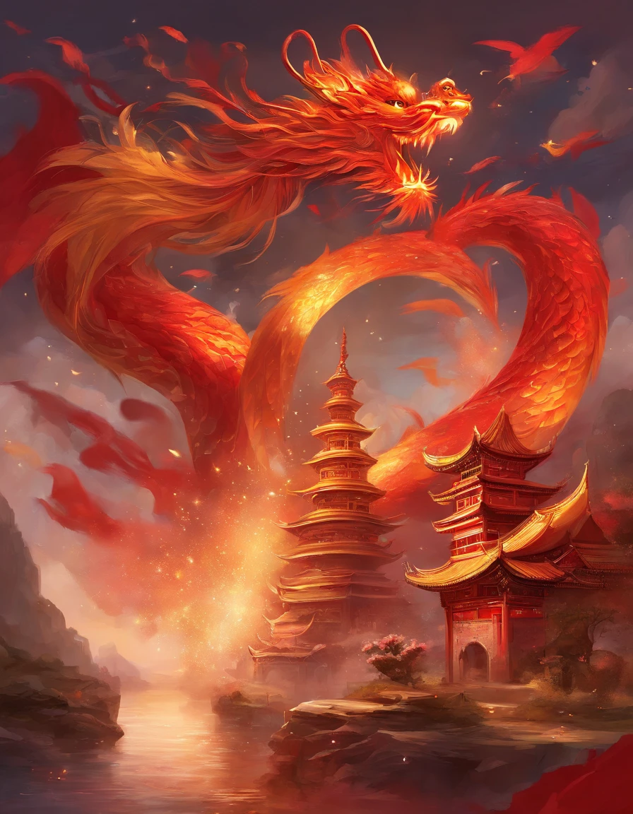 new chinese year, (full of fireworks:1.3), chinese fireworks, chinese paper dragons, chinese intricate castles, (red and gold), masterpiece, best quality