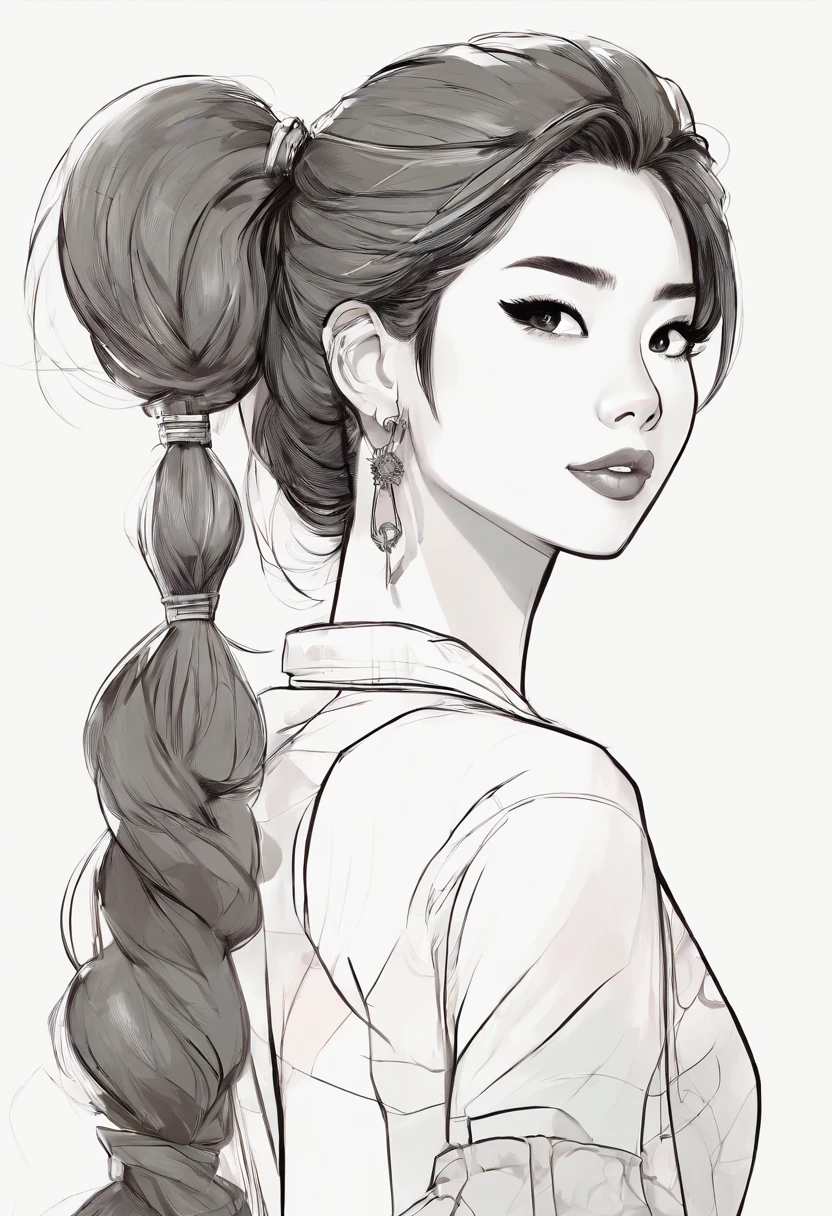 Hairstyles:  shapely, A high ponytail adds an element of sophistication and style, Super pretty 20 year old Korean girl,happy face, Cartoon style illustration, Cartoon Art Style, Cartoon Art Style, Digital illustration style, Highly detailed character design, cute detailed digital art, beautiful digital illustration, high quality portrait, Comic art, Asia, Character Design Portrait, Rough line sketch style,