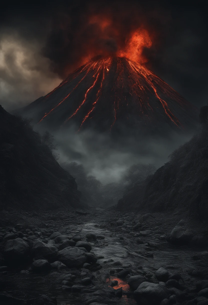 a volcano erupts，Blood-red magma，Mars is around，Rock splashes，debris flying, and the feeling that disaster is imminent. Long lens camera angle with EE 70mm lens on the Nikon D850, Aim for high resolution, Photorealistic rendering. Ensure that the scene is highly detailed, With HDR lighting, And convey a sense of urgency and confusion.oppression