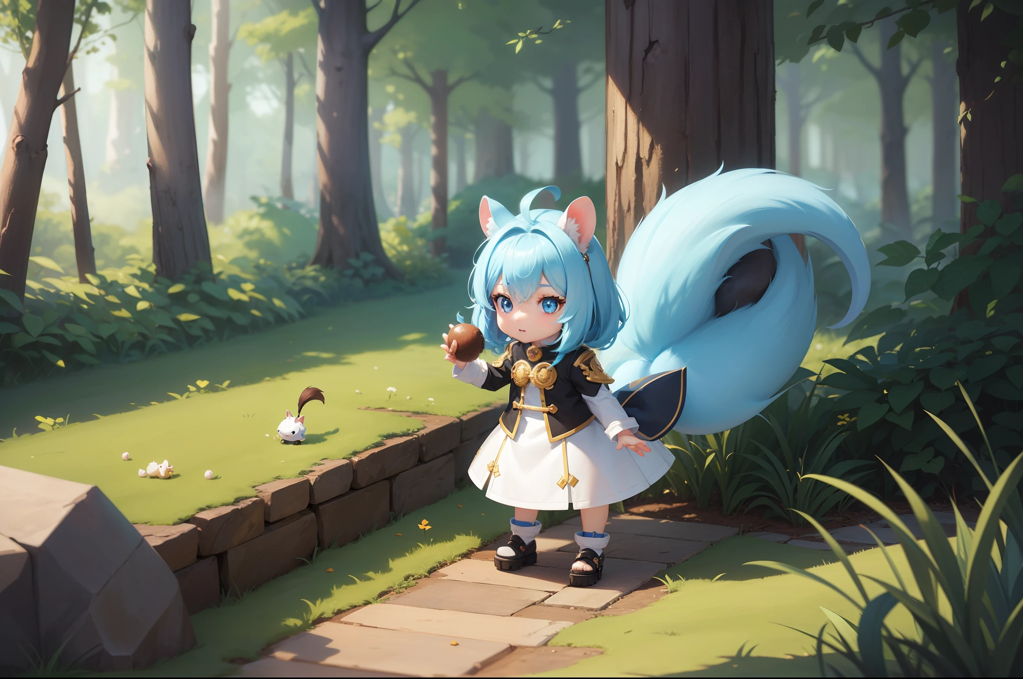 There is a small white squirrel with an acorn in his hand, Chibichara A cute girl with blue hair is also with me。It is a cute costume in white and blue。Dark eyes。cute forest creature, Adorable Digital Painting, cute detailed digital art, the squirrel king, Cute digital art, cute cartoon characters, cute character, CuteCreatures, Cutie, official illustrations, Official art, squirrel, maplestory mouse, astri lohne, cute 3d render