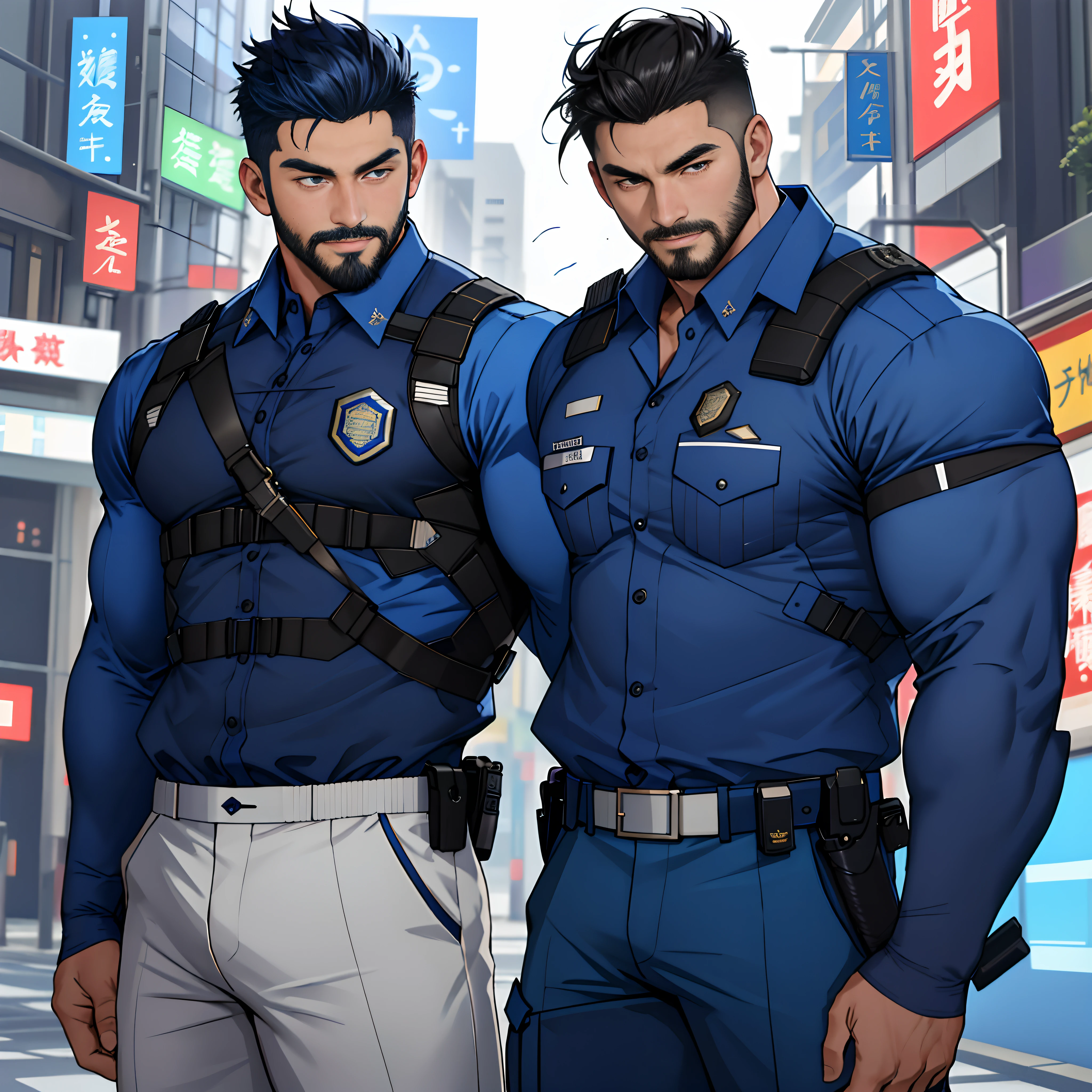 best qualtiy, tmasterpiece, 超高分辨率, detailedbackground, photorealestic, illustratio, Single, 1 boy, Muscle men, sbeard, Police, the street, musculature, Facial hair, Volumetriclighting, depth of fields, Blue police uniform