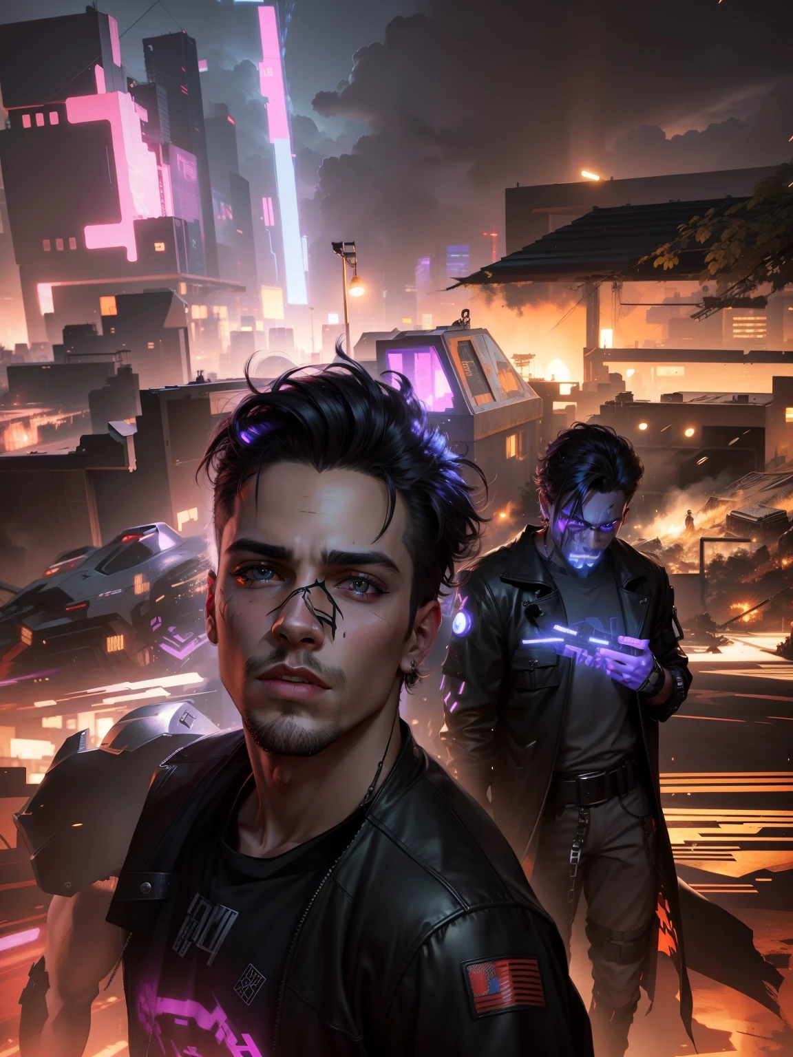 change background cyberpunk handsome boy, realistic face, 8k, ultra realistic