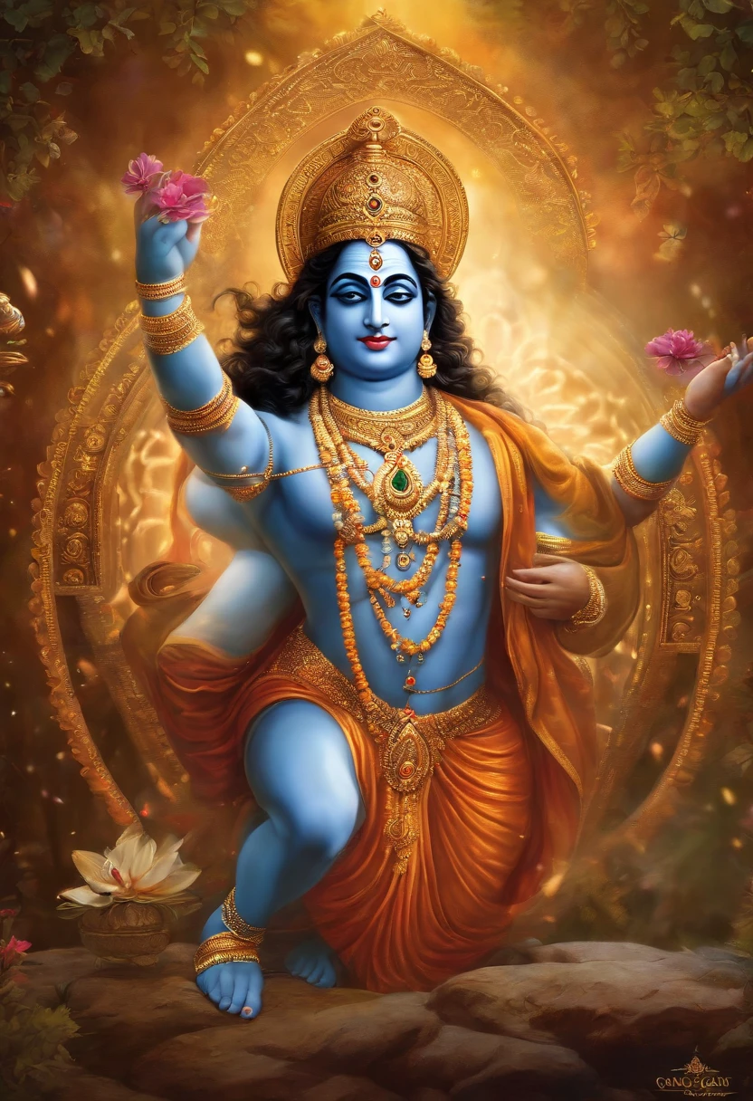 A painting of a Hindu god with a lotus flower, vishnu, standing gracefully upon a lotus, Ride the Golden Wheel，conch，Vajra pestle，Glossy blue skin，Perfect body structure，Blue sky，Light，hindu aesthetic, attractive male deity, hindu god, indian god, hindu art, historical image, stylish deity, hindu, Hindu gods,Extremely detailed，4K，ultraclear，