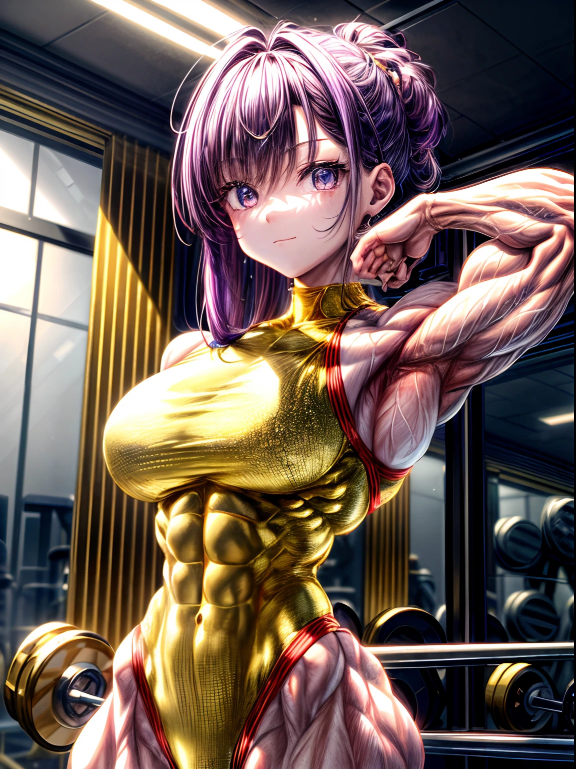 (BEST lighting) , (ultra intricately detailed) , 4K unification, (super-detailed CG: 1.2) , (8K: 1.2),(Original), (Masterpiece) , (Best quality),(Masterpiece:1.4),Anime-ish high quality,(Masterpiece),Masterpiece, Best quality, absurderes,((masterpeace, 4K, 8K, Yes, A high resolution))1girll, One man only,She is in the ballet studio,Golden ballet costume, Protruding blood vessels on the arm,Spring, Boots, Perfect figure, Short purple asymmetrical hair, Sweat, ((body builder:1.5)),The strongest in the world,Practice dance studio background,(Beautiful bace),(Girl),(Female),(((Upper body:1)))