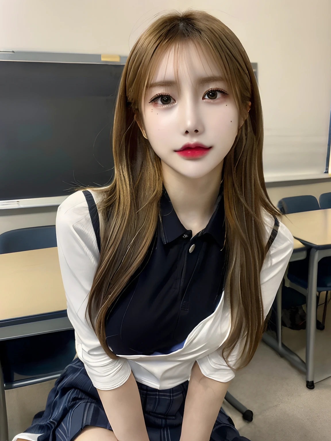 masutepiece, Best Quality, japanaese girl, 8K, Raw photo, top-notch quality, masutepiece, nffsw:1.2, exceptionally detailed RAW color photo, professional-grade photograph, (Realistic, Photorealistic:1.37), (highly detailedskin:1.2), Ultra-high resolution, (lenz 50mm), (masutepiece, top-quality:1.3), (Ultra detailed 8K cg:1.2), (hyper realisitic:1.35), (Photorealistic:1.45), (Realistic:1.4), Cowboy Shot,
1 beautiful Japanese girl, 22 years old, super model, Japanese Idol, __expression__, Large breasts, (sitting on the desk:1.1), (School uniform:1.4), (Spread legs:1.2),
(School classroom background:1.1)、Korean Idol、Nogizaka Idol、hposing Gravure Idol、Adults、女優, blonde hair, casual hair style, ponytail, big breasts,(naked), highlight hair, sweet mole on the left cheek,