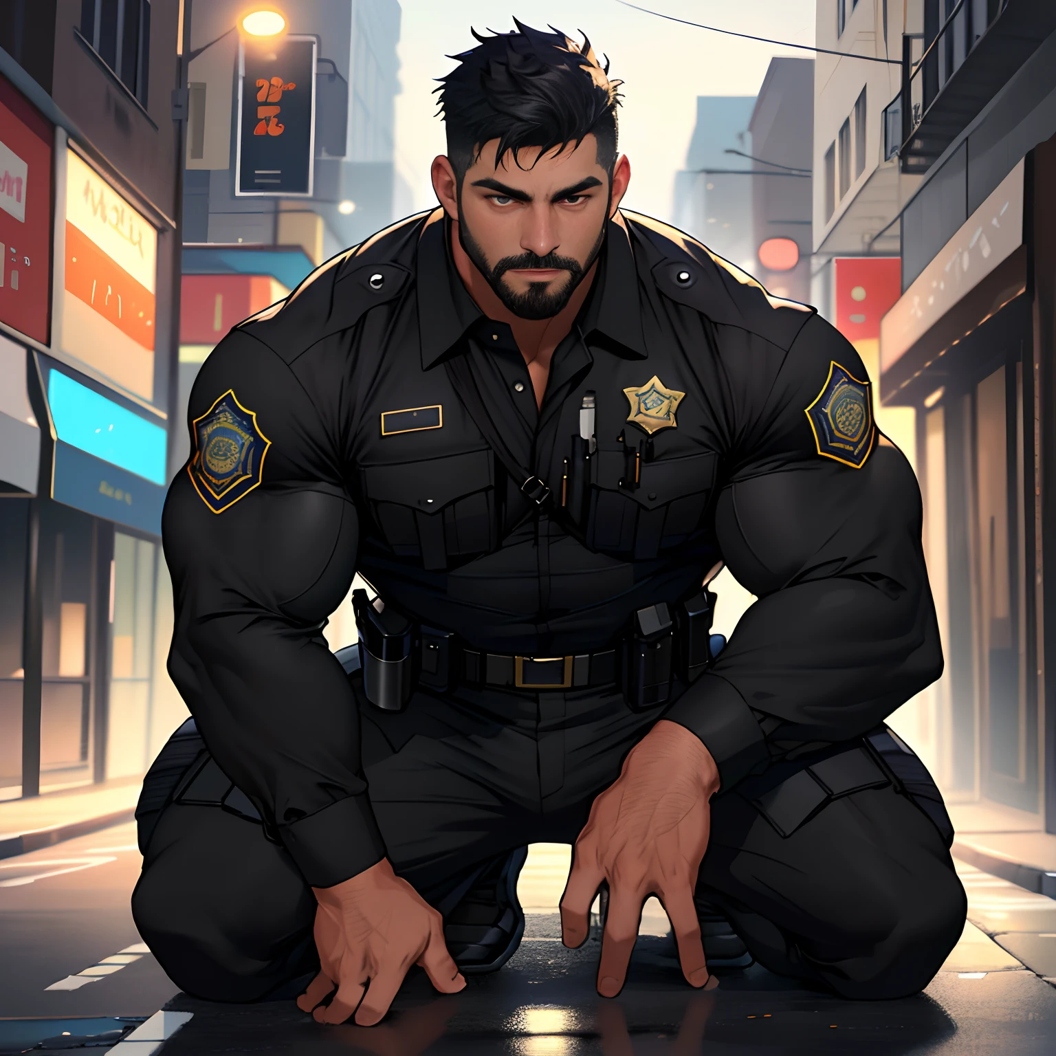 best quality, masterpiece, super high resolution, detailed background, realism, illustration, single, 1 boy, muscle man, street, muscle, facial hair, volumetric lighting, depth of field, black clothes, (black police uniform), kneeling, ((hands on the ground))