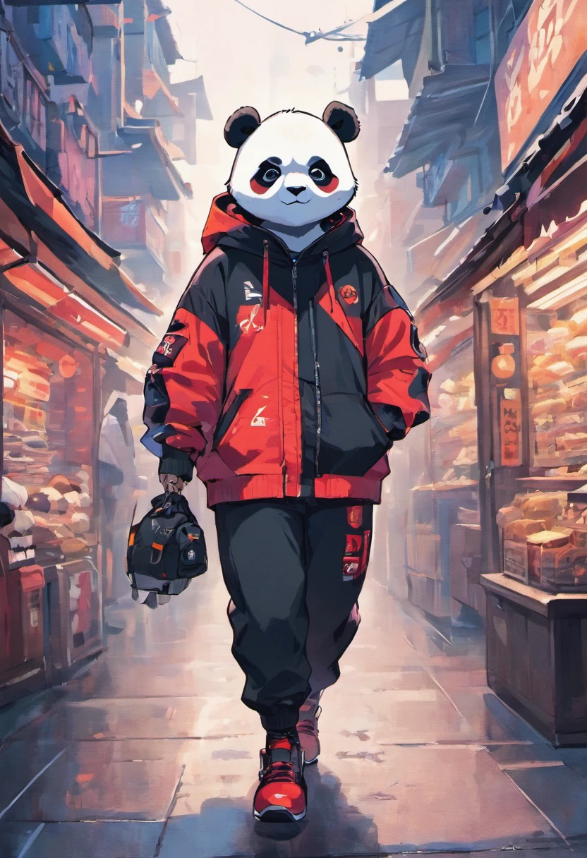 Araffe em um terno panda andando por uma rua com uma mochila, orando com as mao juntas, samurai urbano, Cyberpunk Streetwear, usando streetwear cyberpunk, inspired by Kanō Naizen, moda streetwear, hip-hop urbano inspirado, frio como gelo! 🧊, vestindo roupas urbanas, Cyberpunk Rua Goon, street wears, street clothing, vestindo um pescador 🧥, moda techwear, Panda Panda Panda