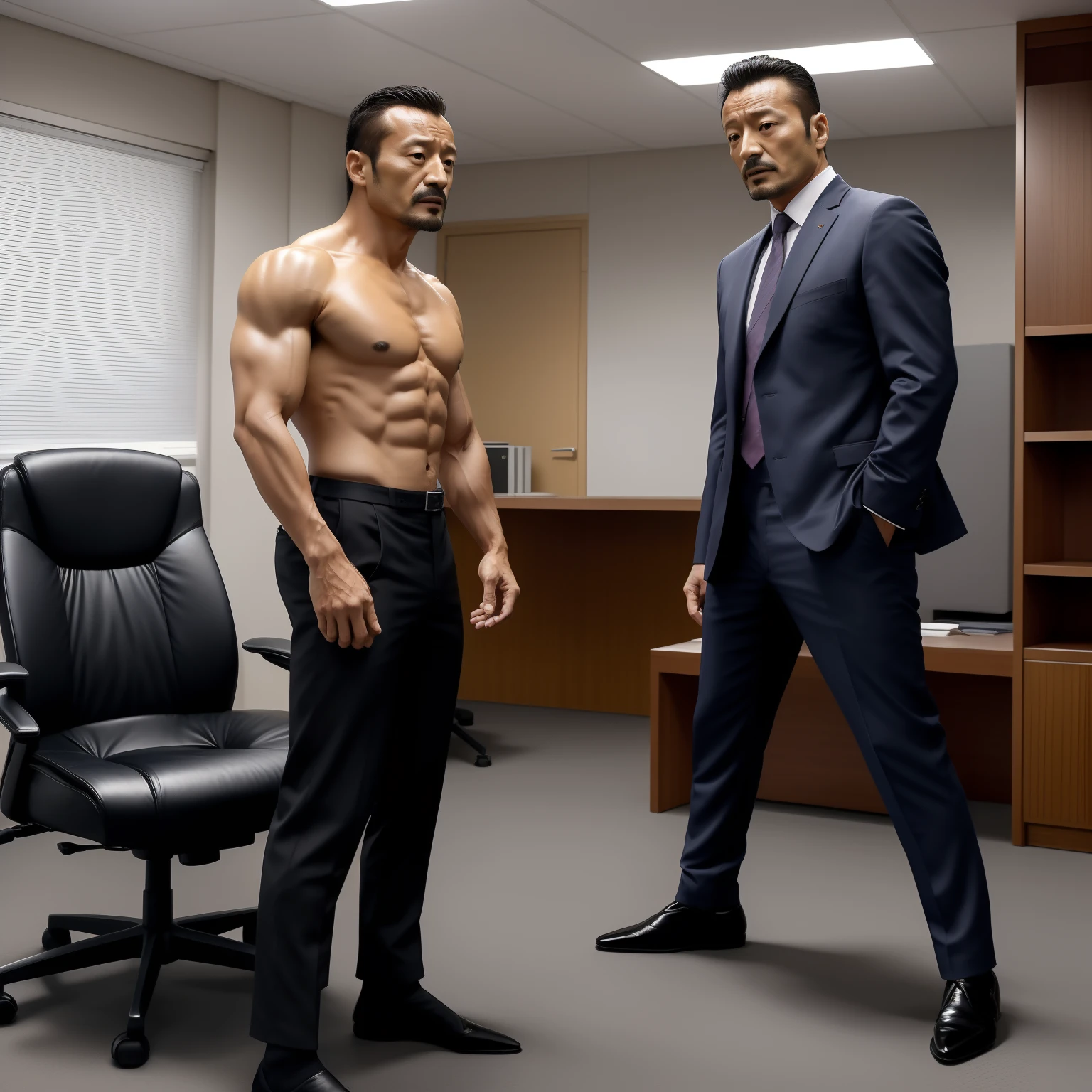 aged 40，Hidetoshi Nakata，（Kogoro Mouri 1.3），Shirtless，Tong，agitated，office room，black long socks，Thin，musculature，lbeard，fortitude，artwork of a，tmasterpiece，k hd，Two people standing